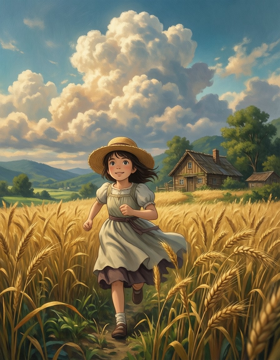 Whimsical Girl in Golden Wheat Field — AI generated image