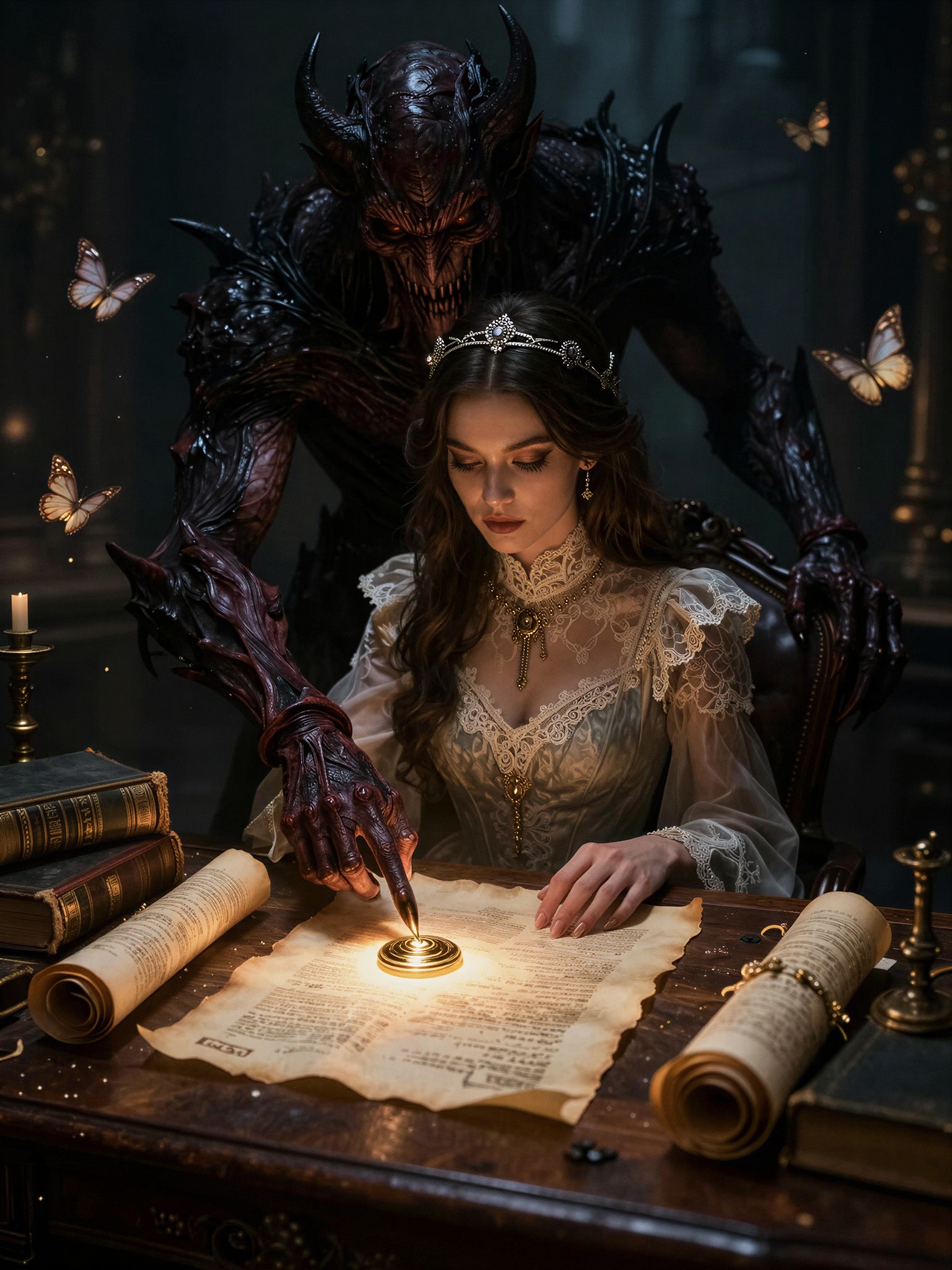 Mysterious Woman and Demon at Ancient Table — AI generated image