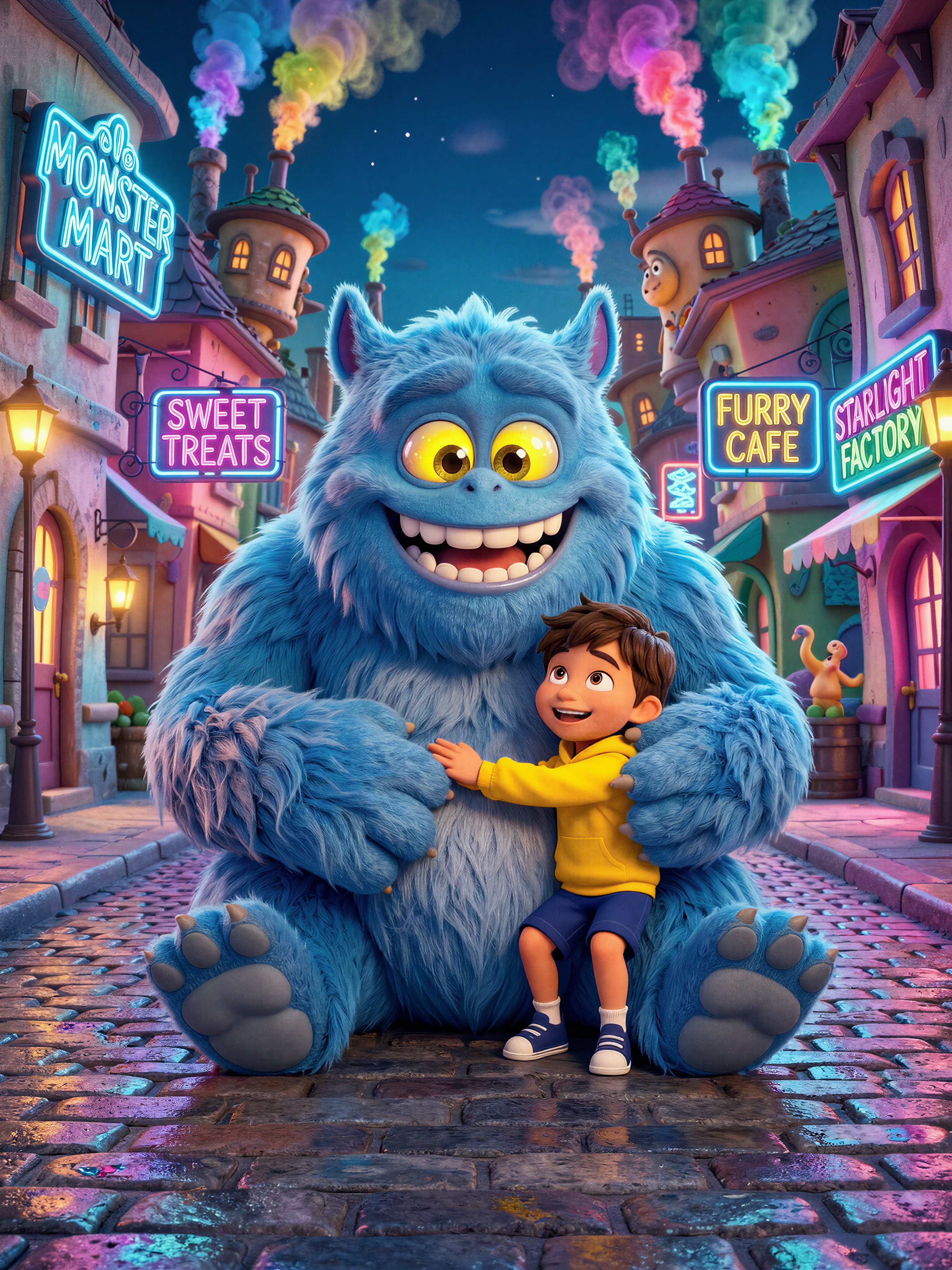 Cute Blue Monster and Child in Neon Monster City — AI generated image