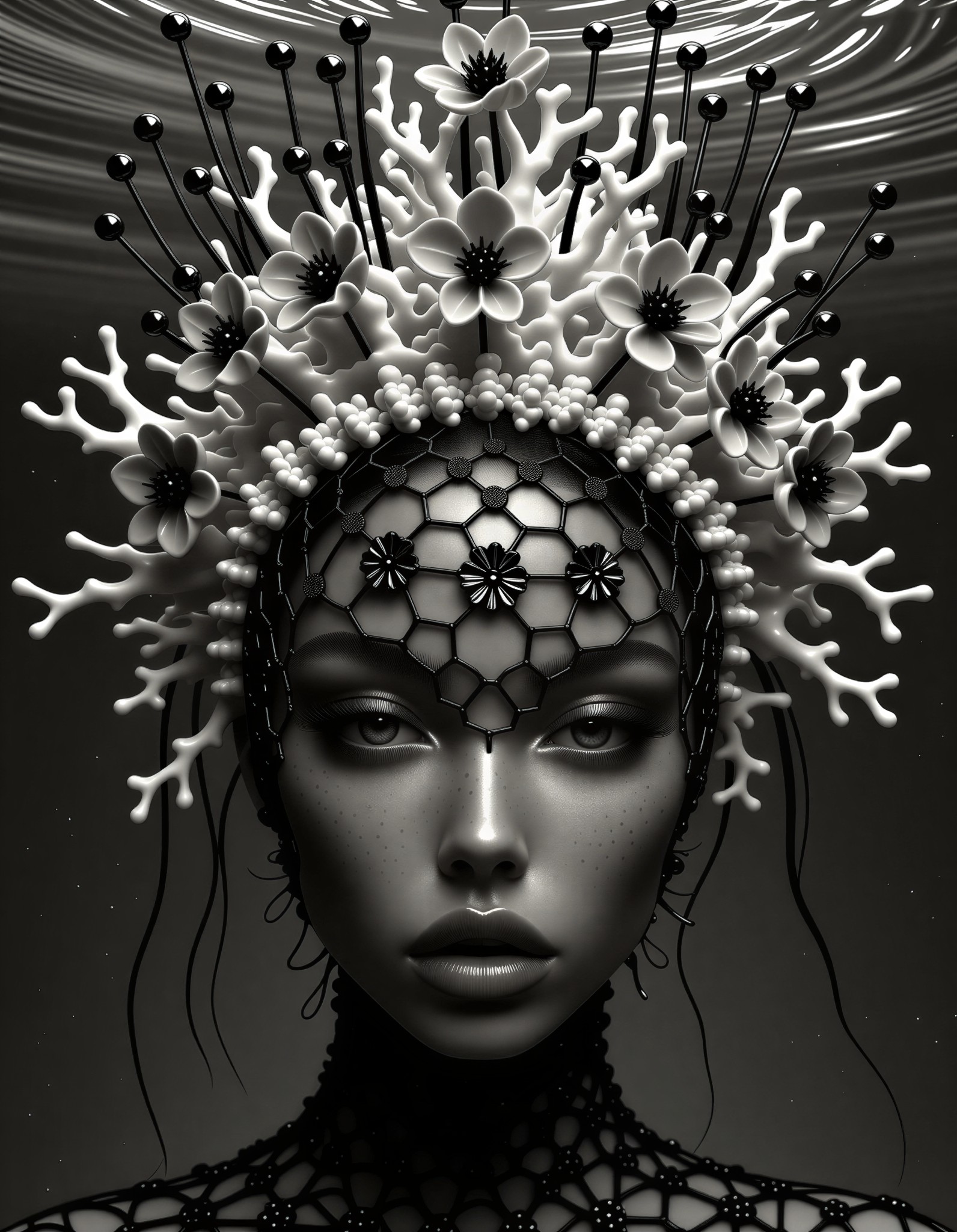 Surreal Porcelain Headdress with Floral Lace — AI generated image