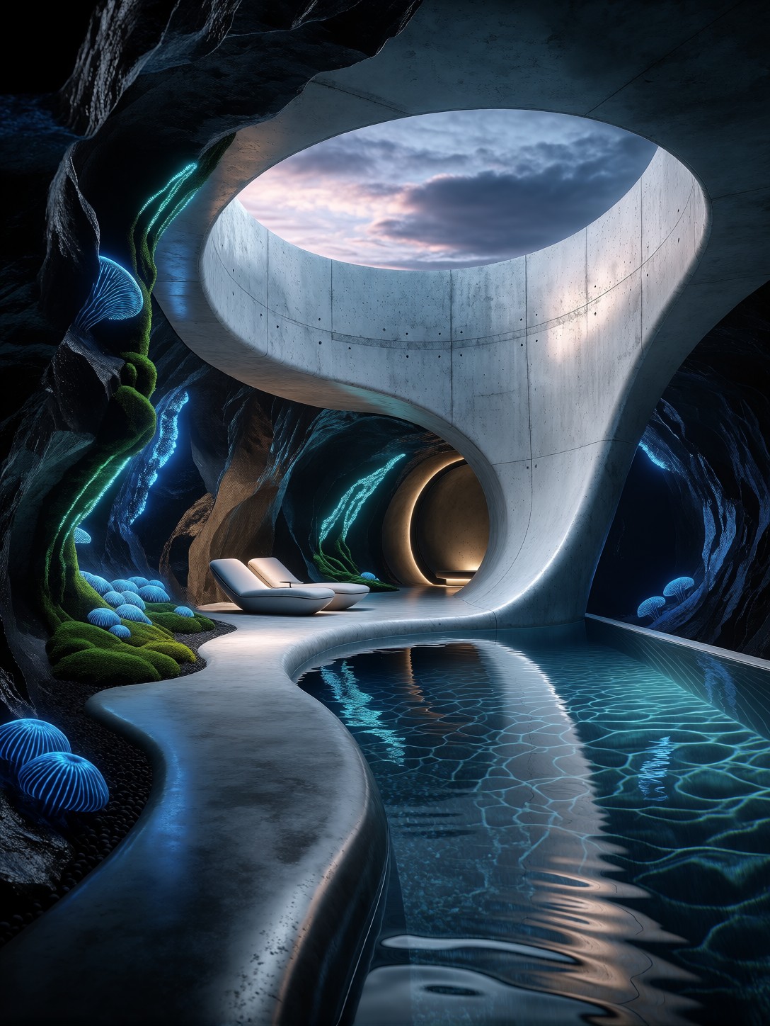 Ultra-Modern Bioluminescent Cave Sanctuary — AI generated image