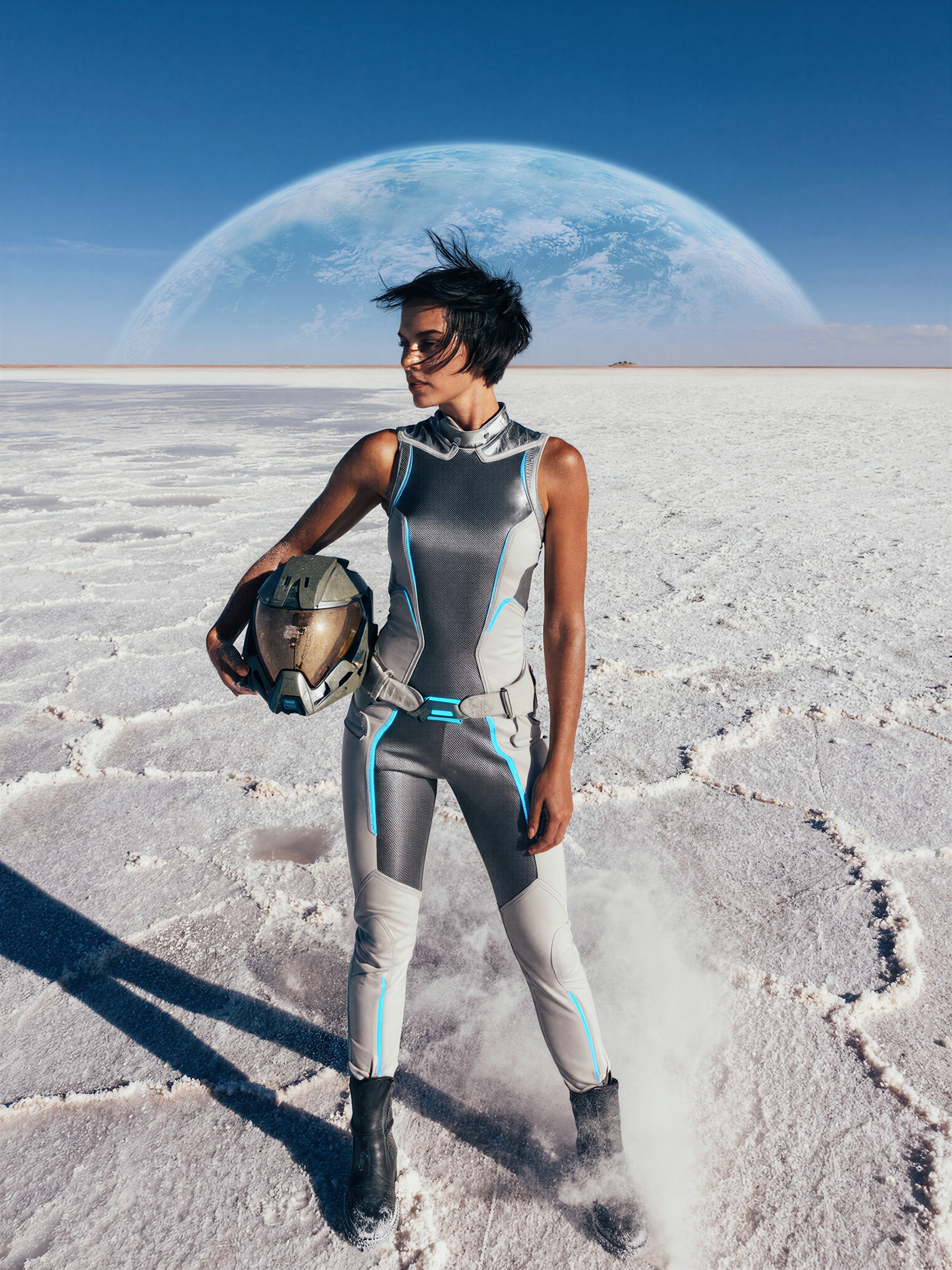 Cinematic Desert Warrior Under Blue Planet — AI generated image