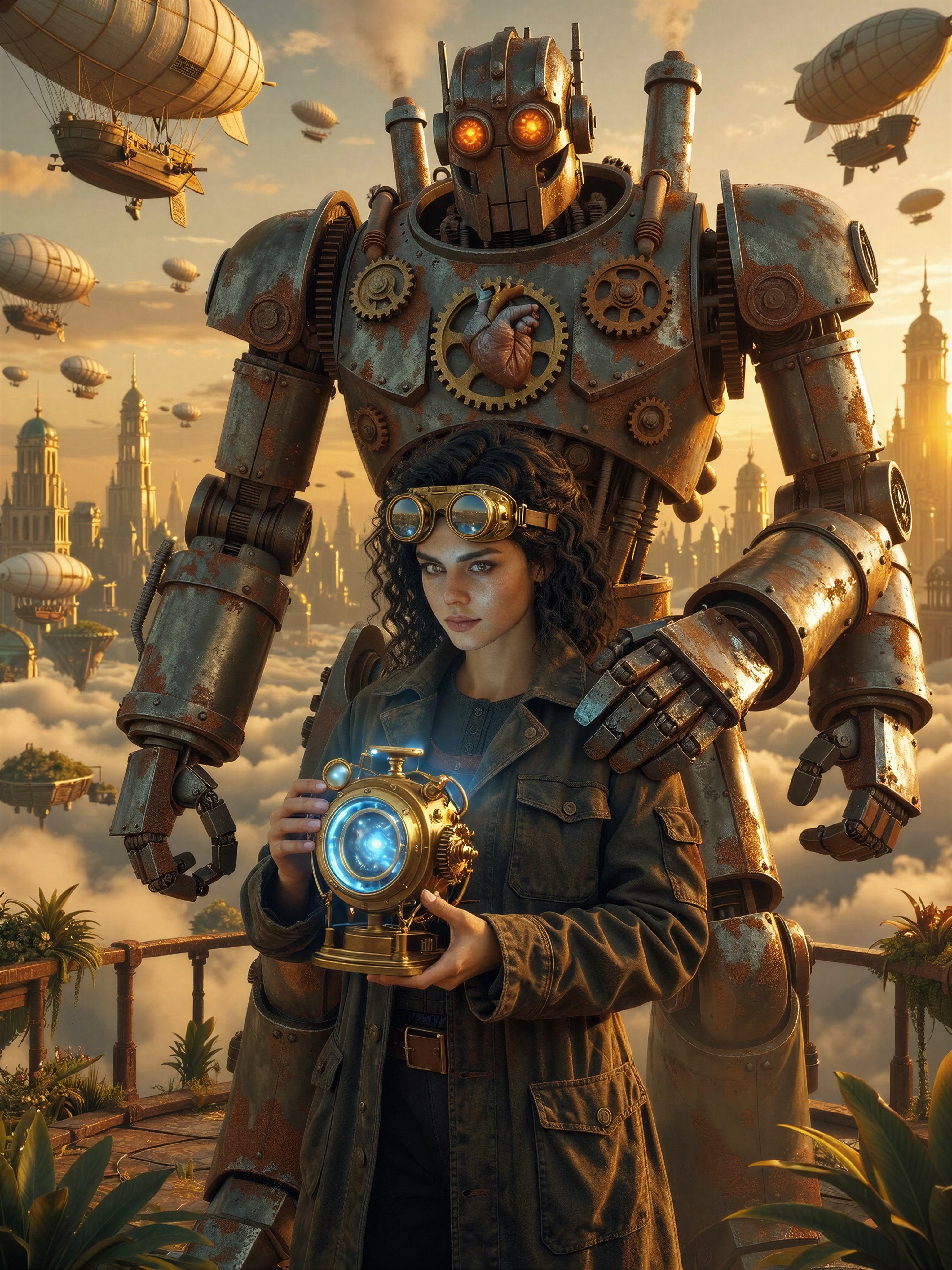 Inventive Scientist and Steam Automaton on Sky-City Cliff — AI generated image
