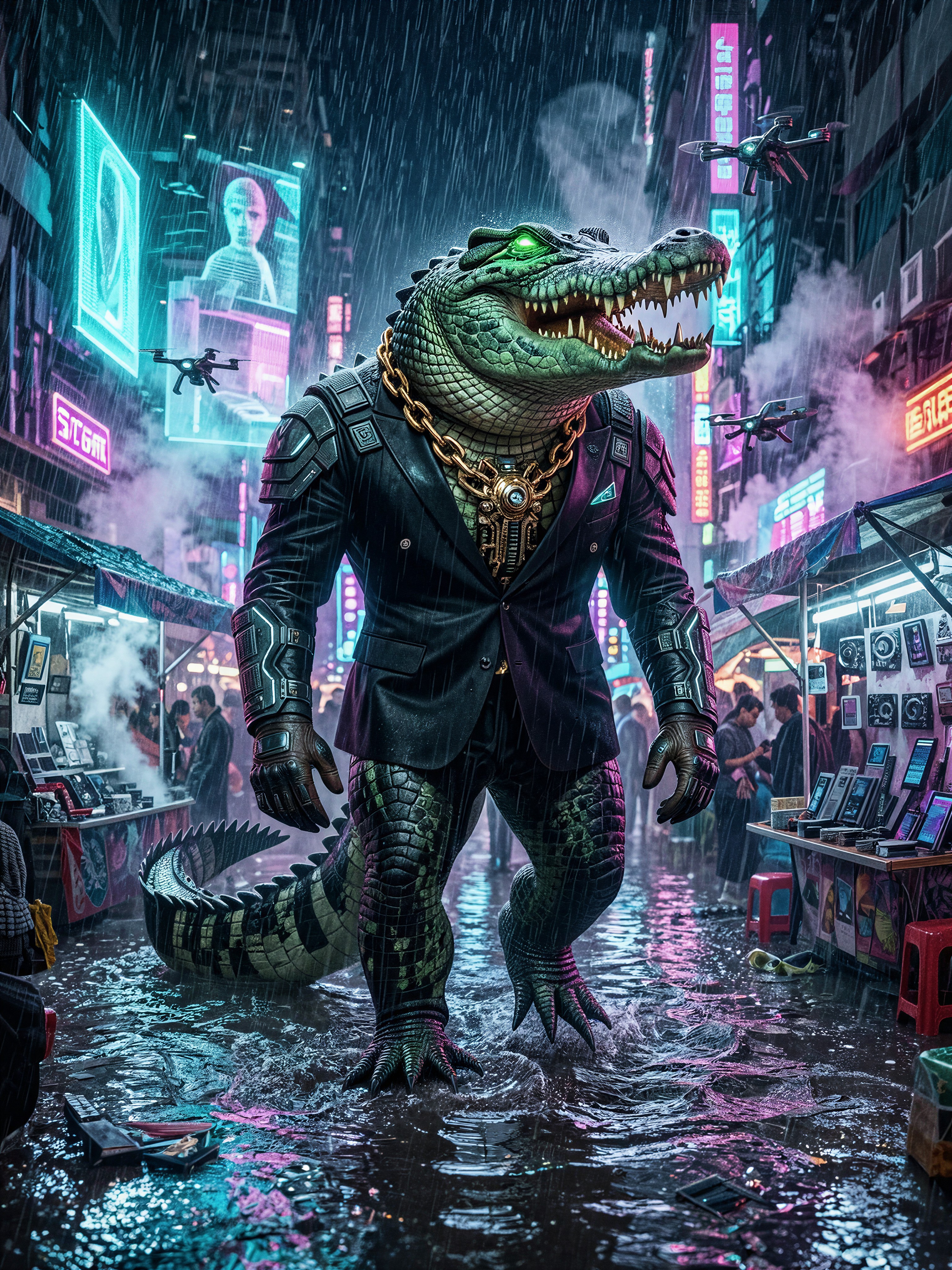 Gigantic Cyberpunk Crocodile Crime Boss — AI generated image