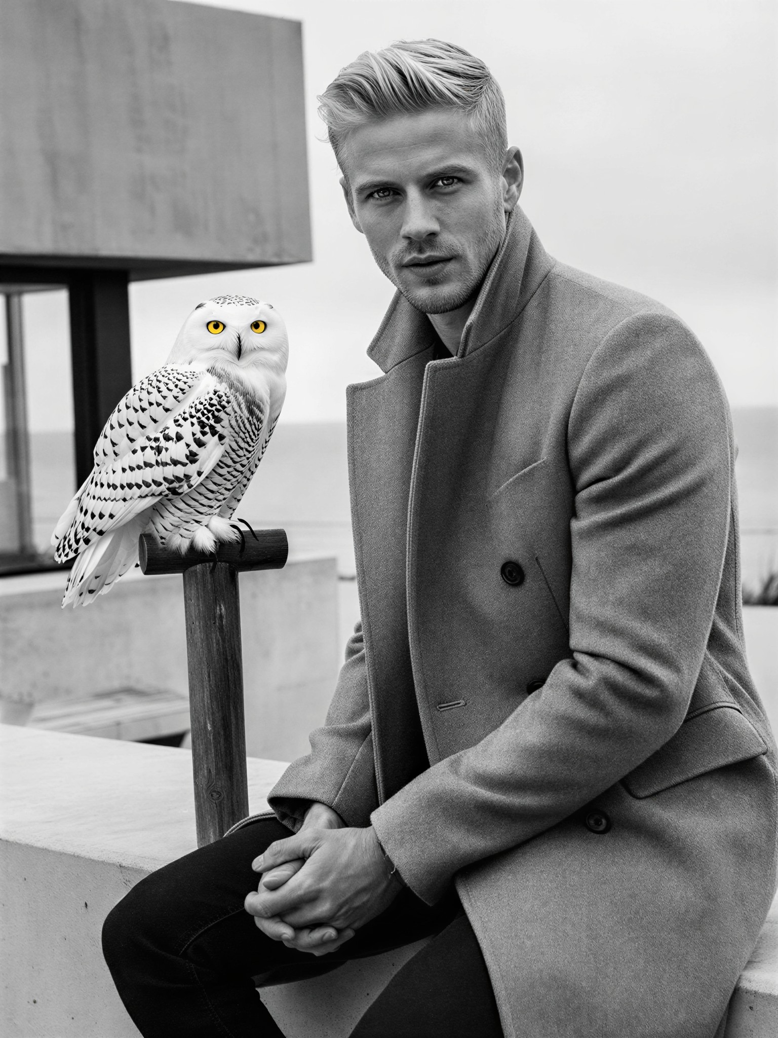 Stylish Monochrome Portrait with Owl — AI generated image