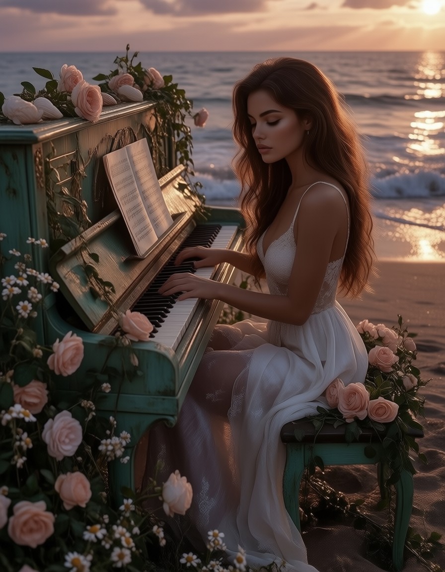 Melancholic Beach Piano Scene — AI generated image