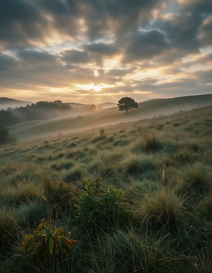 Golden Light on Misty Hills — AI generated image