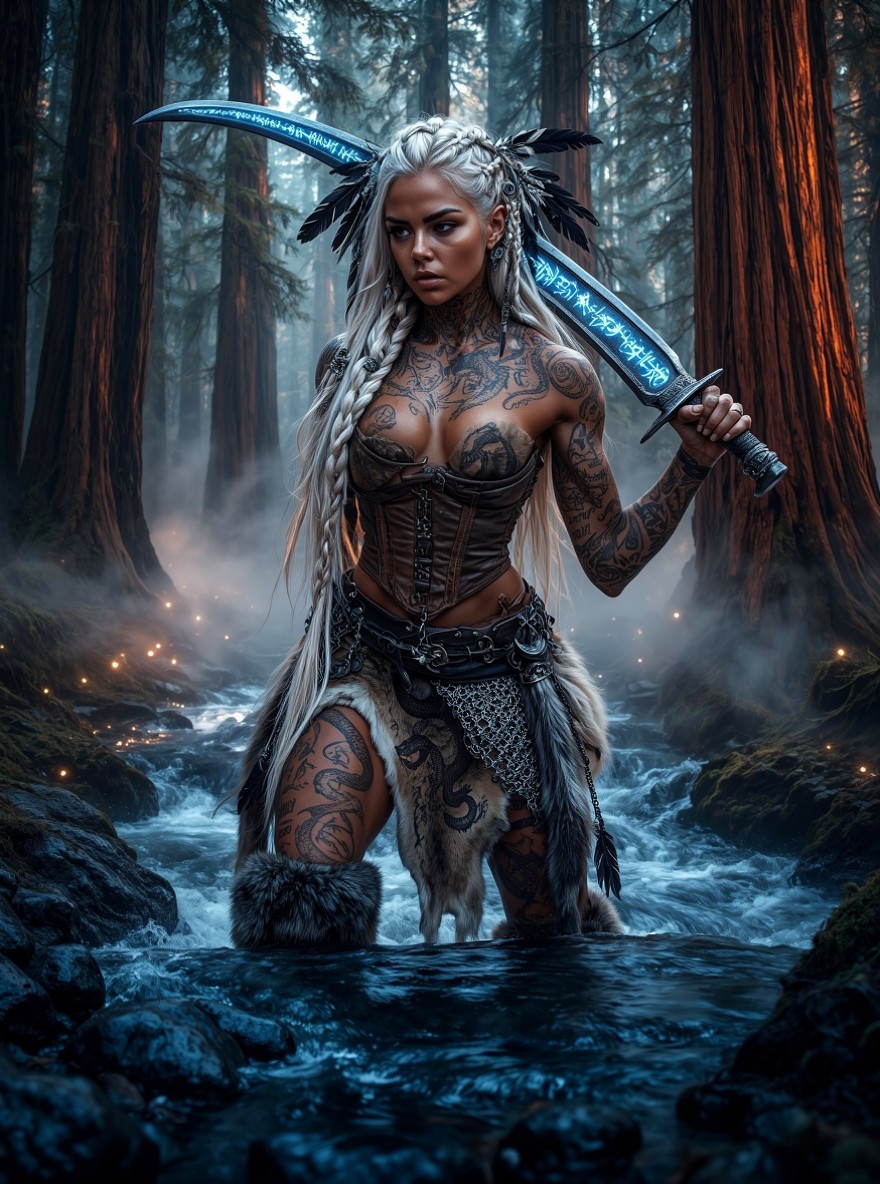 Fierce Warrior Woman in Misty Forest River — AI generated image