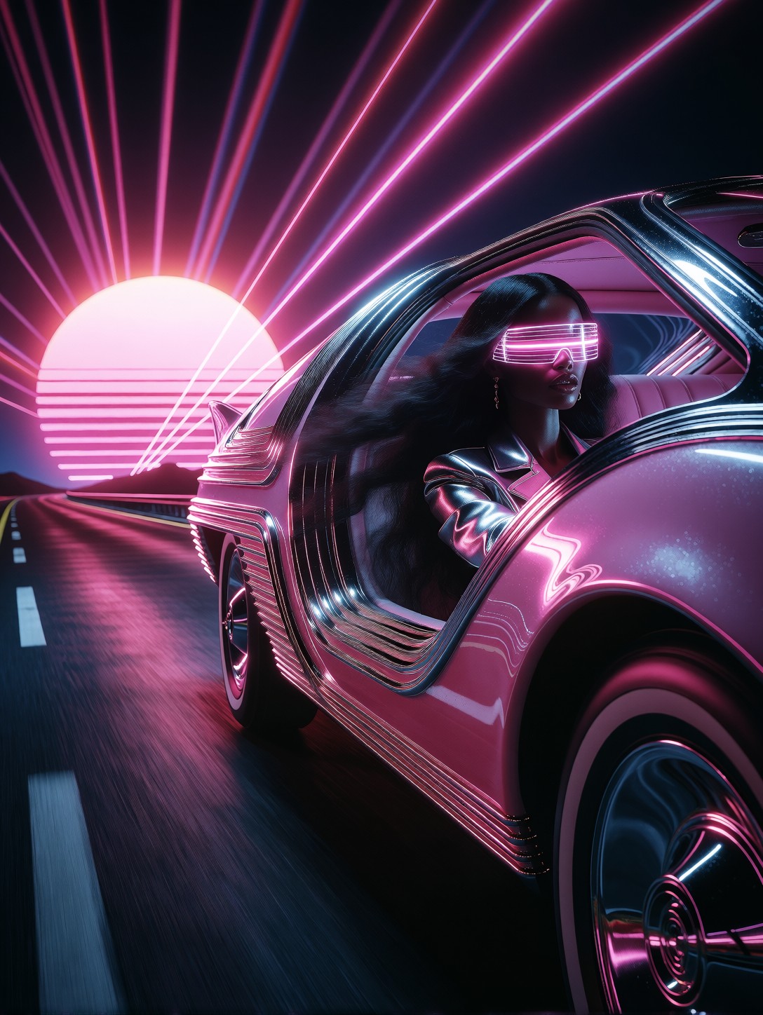 Retro-Futuristic Car on Neon Highway — AI generated image