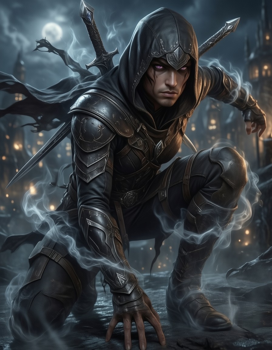 Shadow Assassin on Moonlit Rooftop — AI generated image