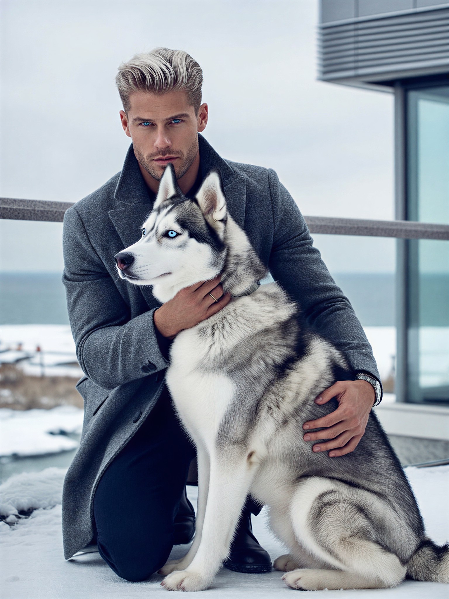 Man Embracing Siberian Husky on Snowy Terrace — AI generated image