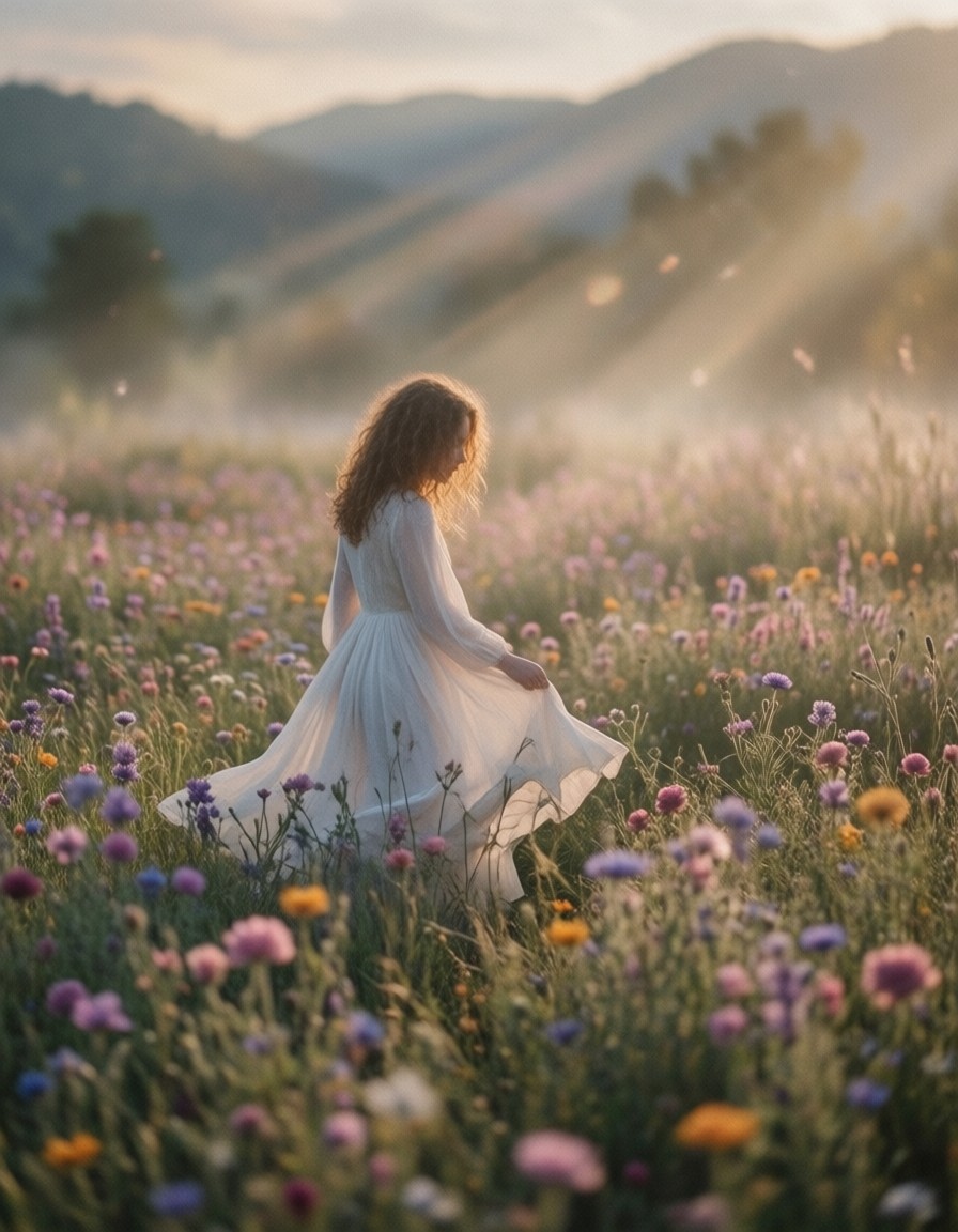 Lone Figure in Flowing White Dress at Golden Hour — AI generated image