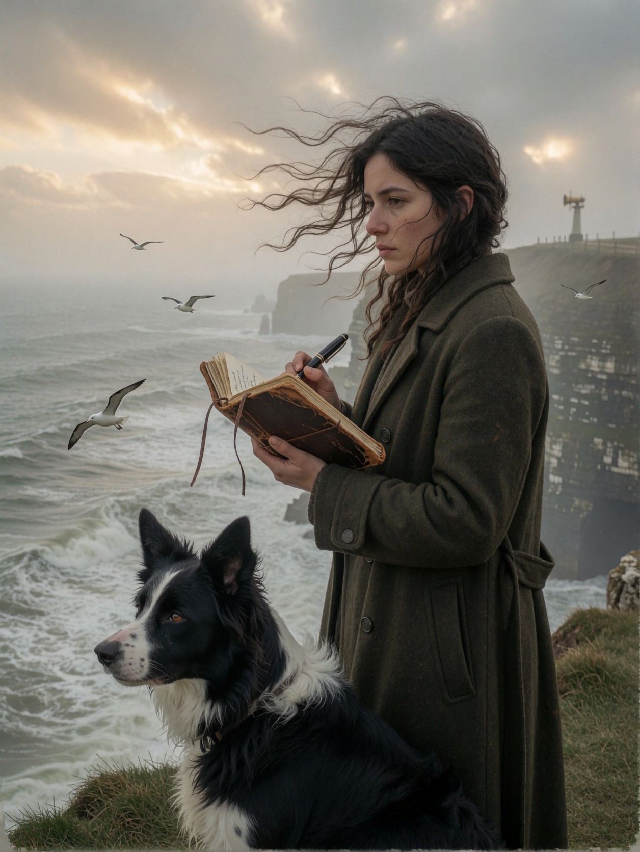 Woman with Journal at Cliff Edge — AI generated image