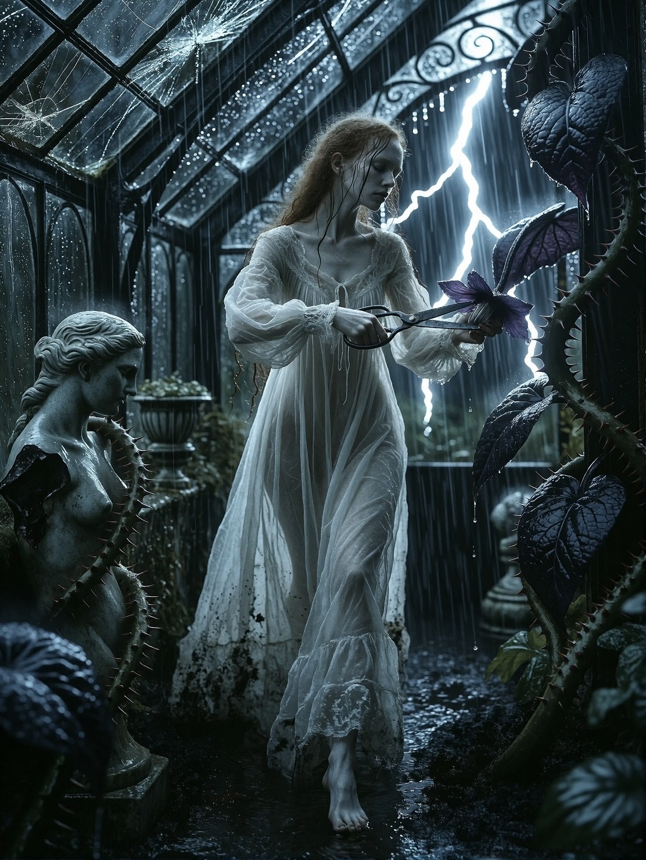 Ethereal Woman in Stormy Victorian Greenhouse — AI generated image