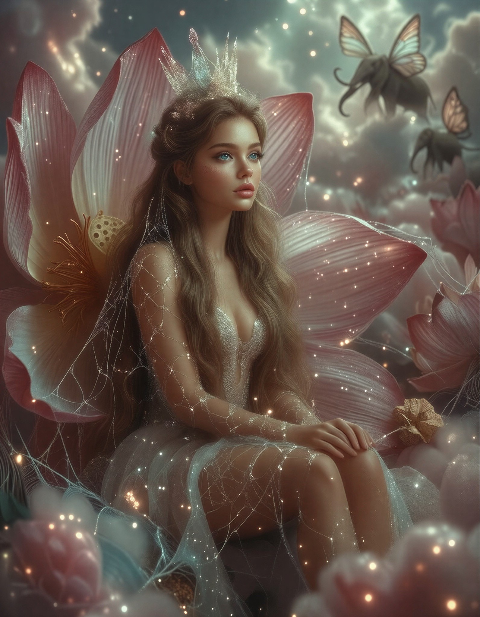 Girl on Giant Lotus in Dreamy Surreal Scene — AI generated image