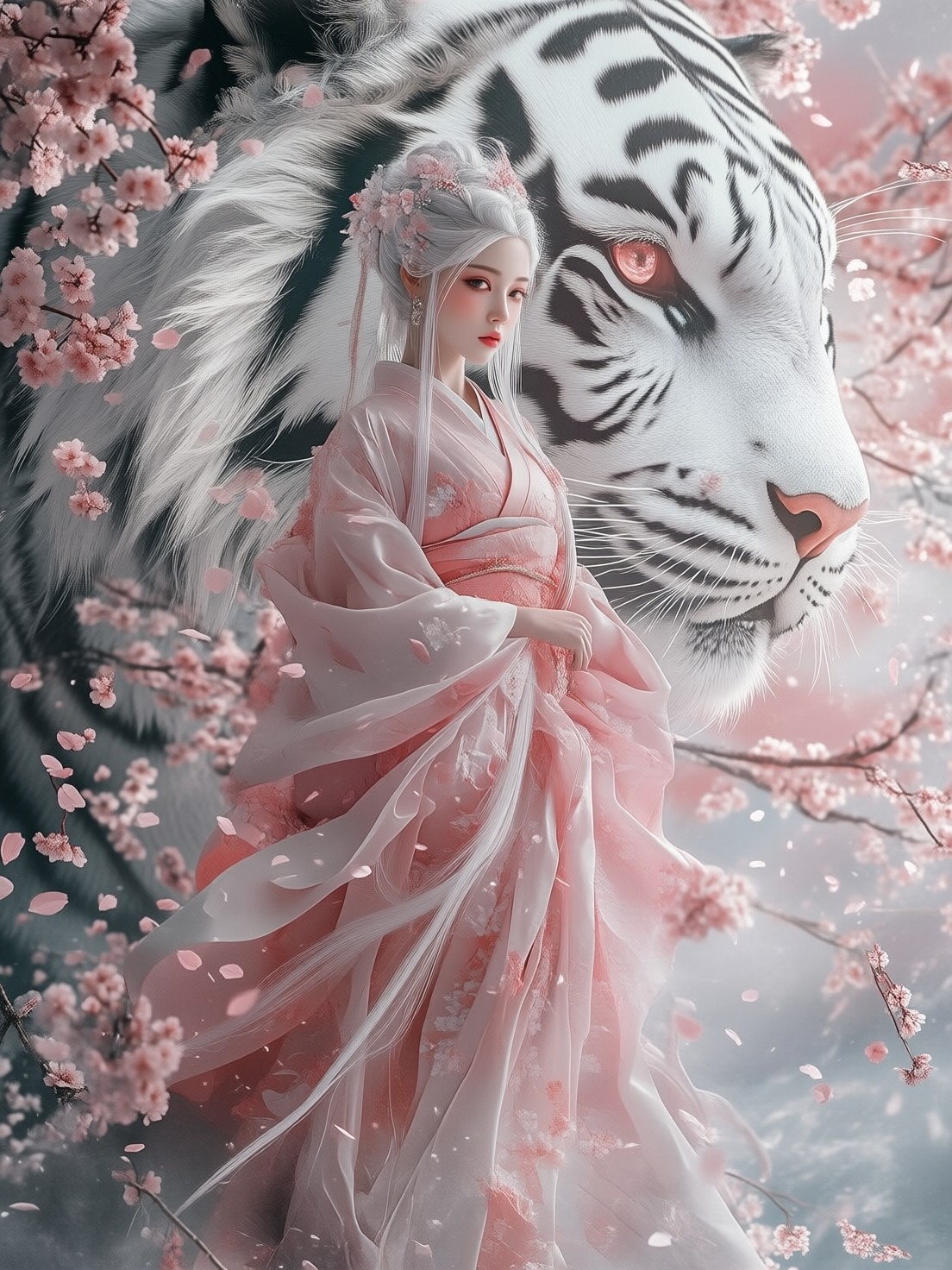 Ethereal Woman in Cherry Blossom Grove — AI generated image