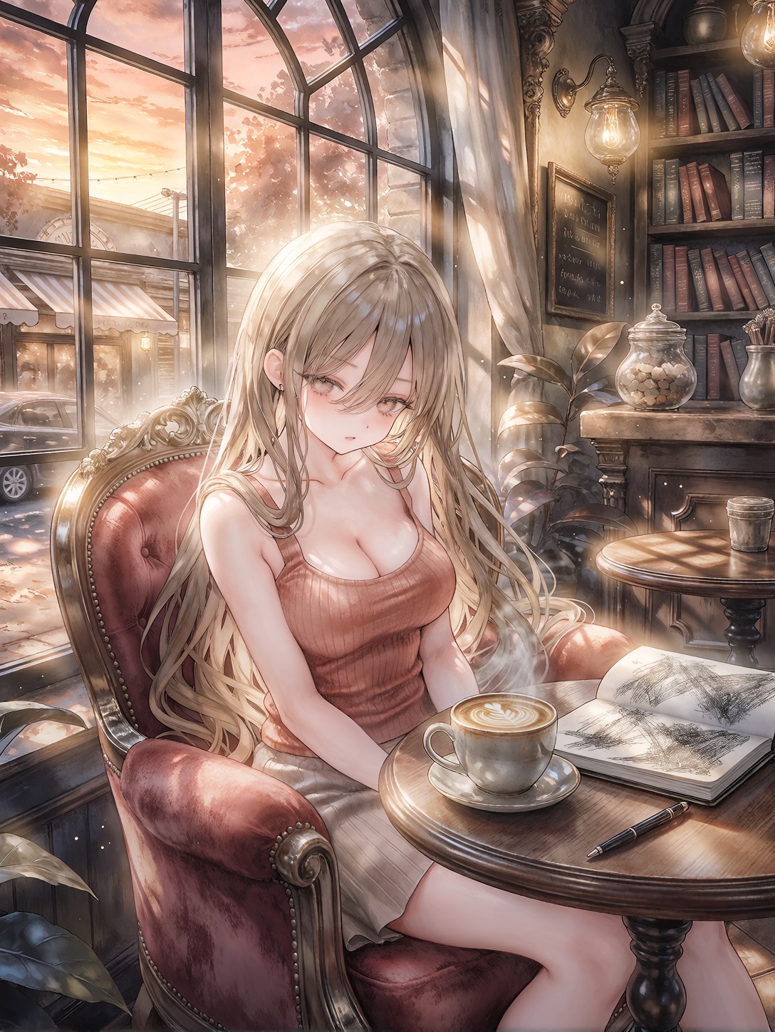 Golden Hour Anime Girl In Cozy Cafe — AI generated image