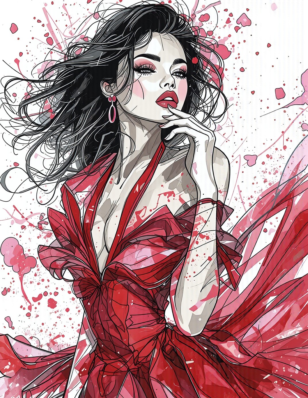 Elegant Red Gown in Dynamic Line Art — AI generated image