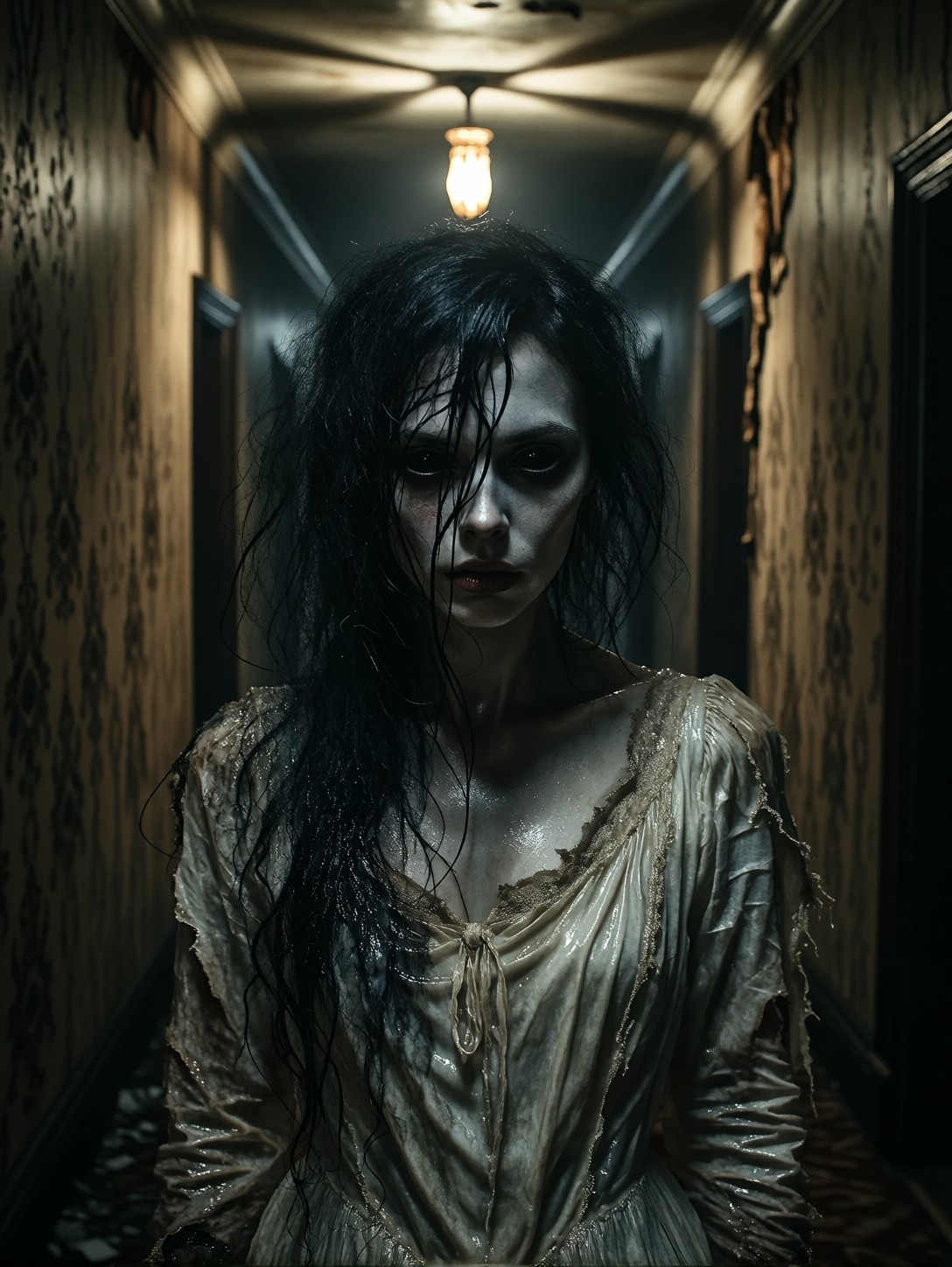Hollow-Eyed Woman in Dim Corridor — AI generated image