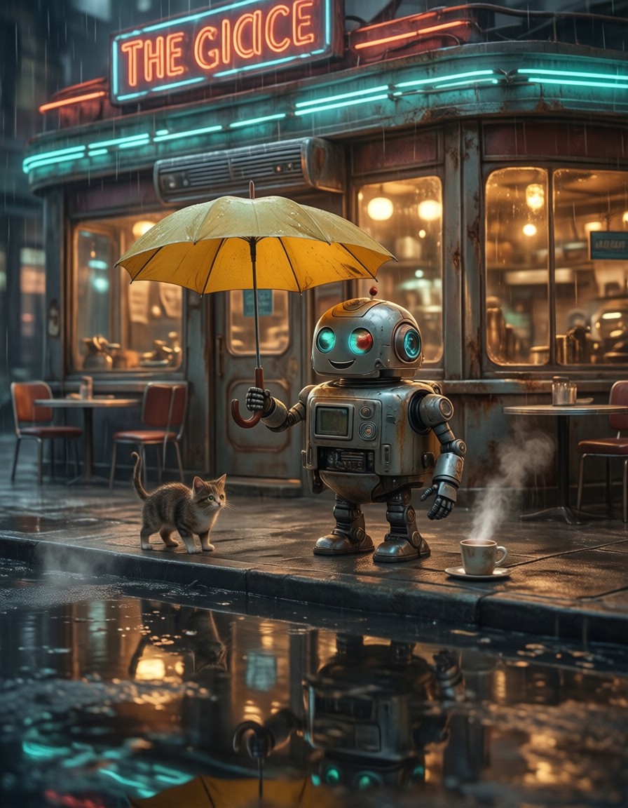 Rainy Diner Robot and Kitten — AI generated image