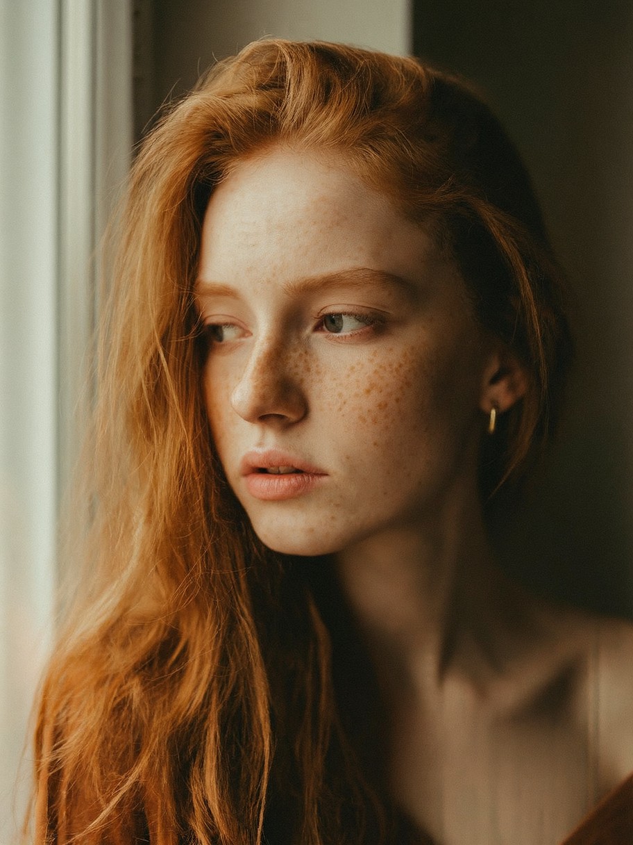 Contemplative Young Woman in Soft Light, Earthy Tones — AI generated image