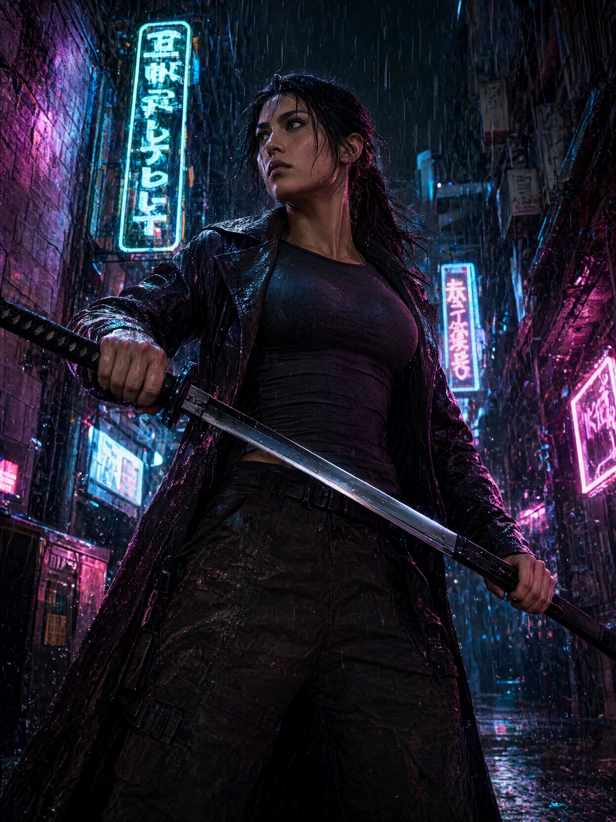 Cyberpunk Neon Rain Katana Warrior — AI generated image