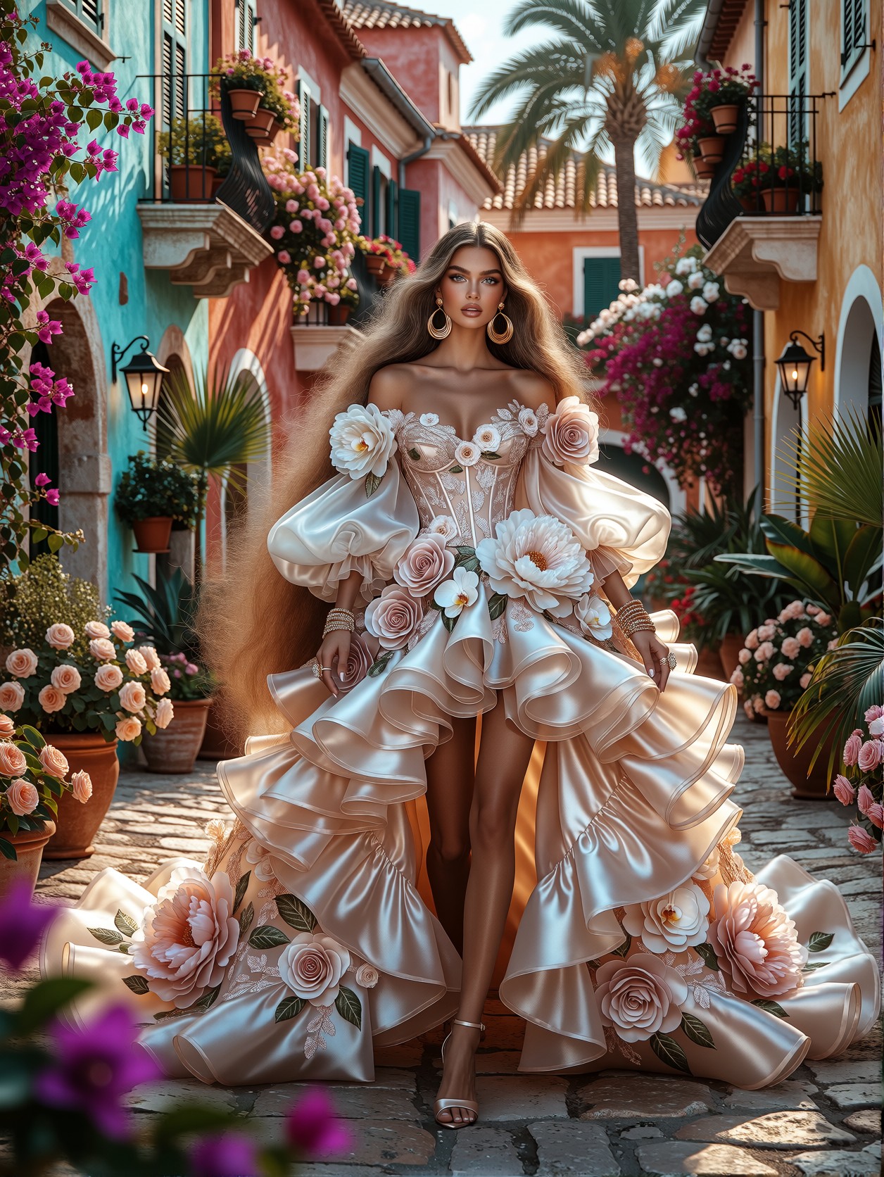 Elegant Couture Gown in Mediterranean Sunlight — AI generated image