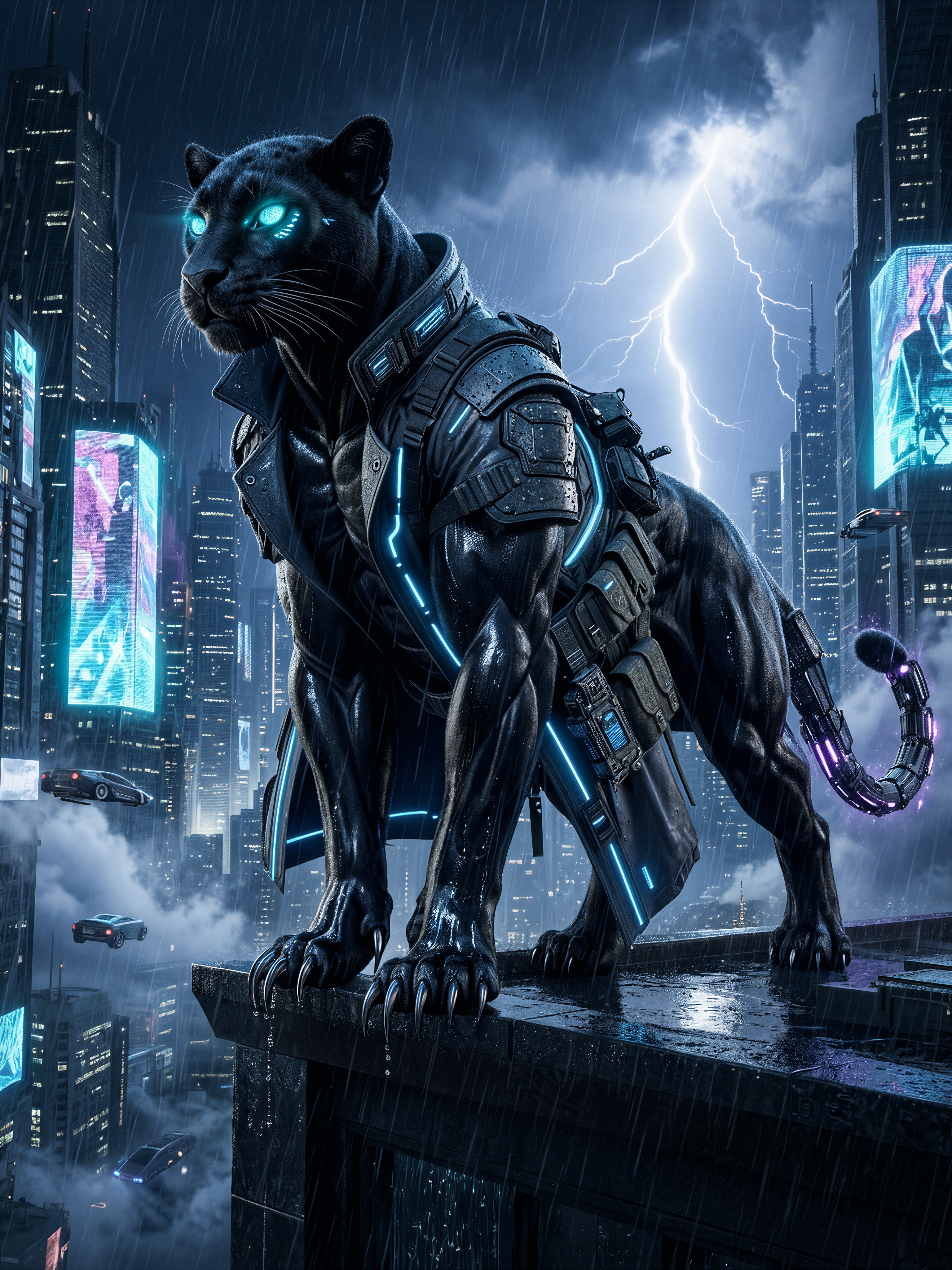 Cyberpunk Panther Assassin on Neon Skyscraper — AI generated image