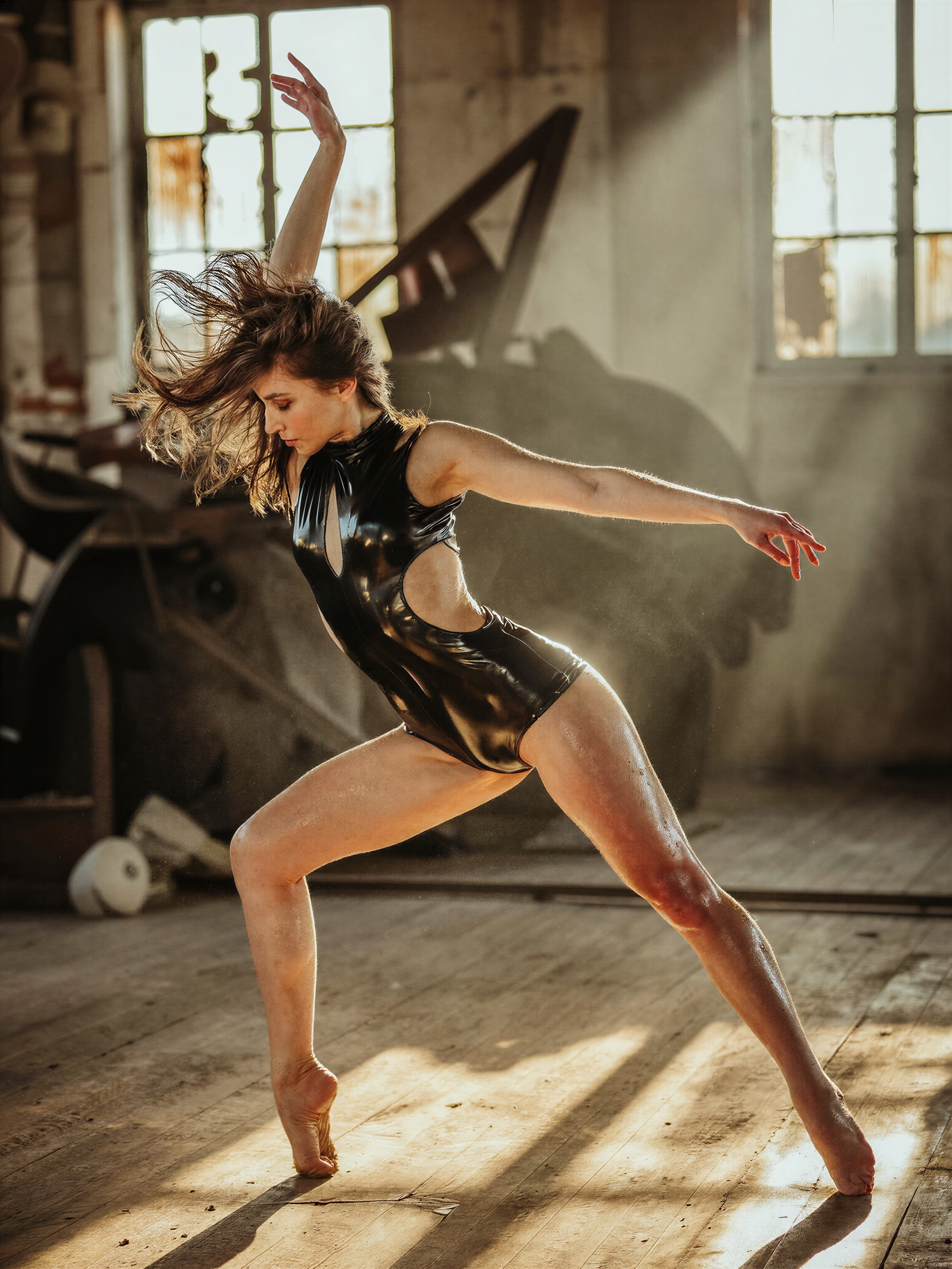 Dynamic Dancer in Derelict Warehouse — AI generated image