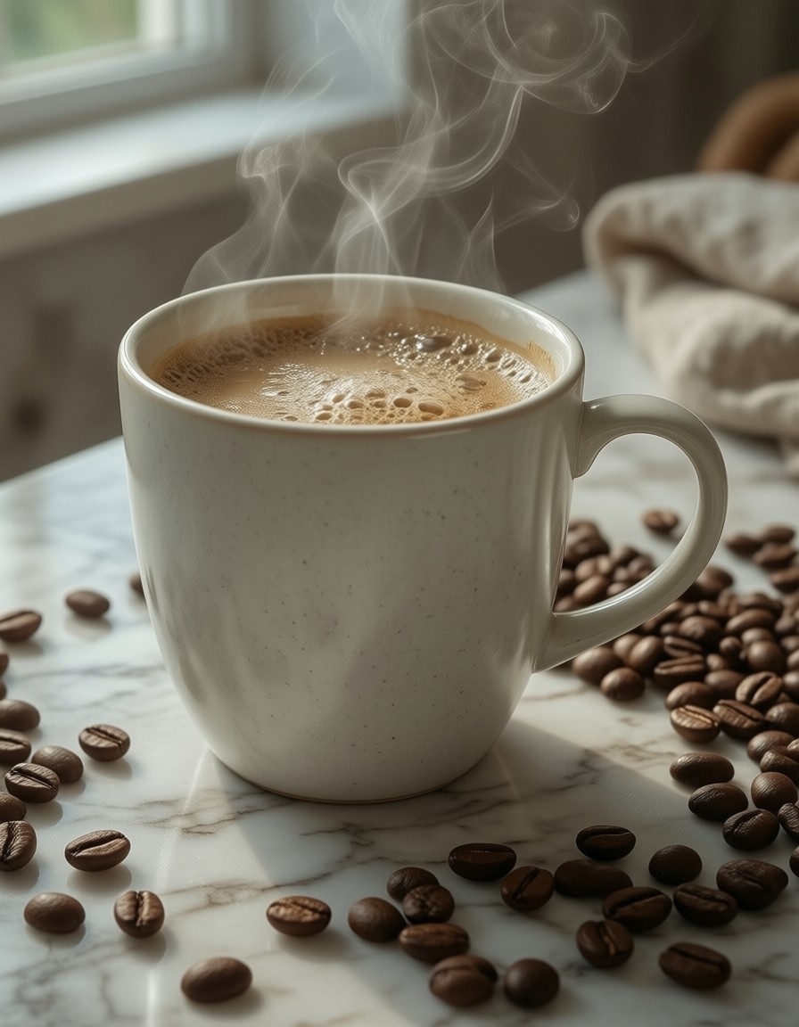 White Ceramic Coffee Mug with Steaming Coffee — AI generated image