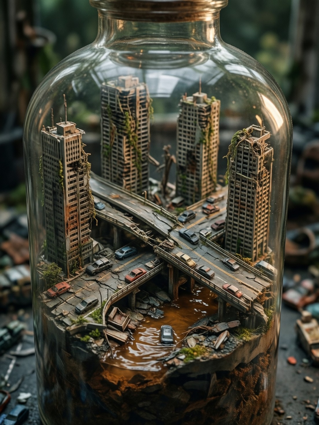 Post-Apocalyptic Miniature City in Bottle — AI generated image