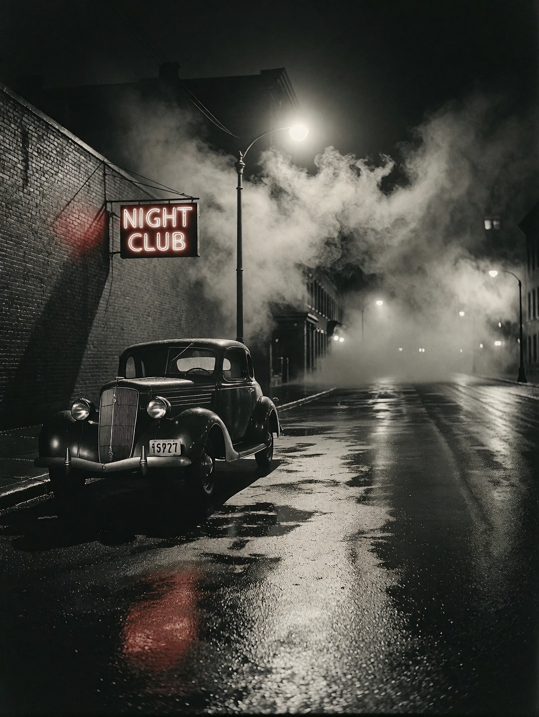 Foggy 1940s Street with Neon Night Club Sign — AI generated image