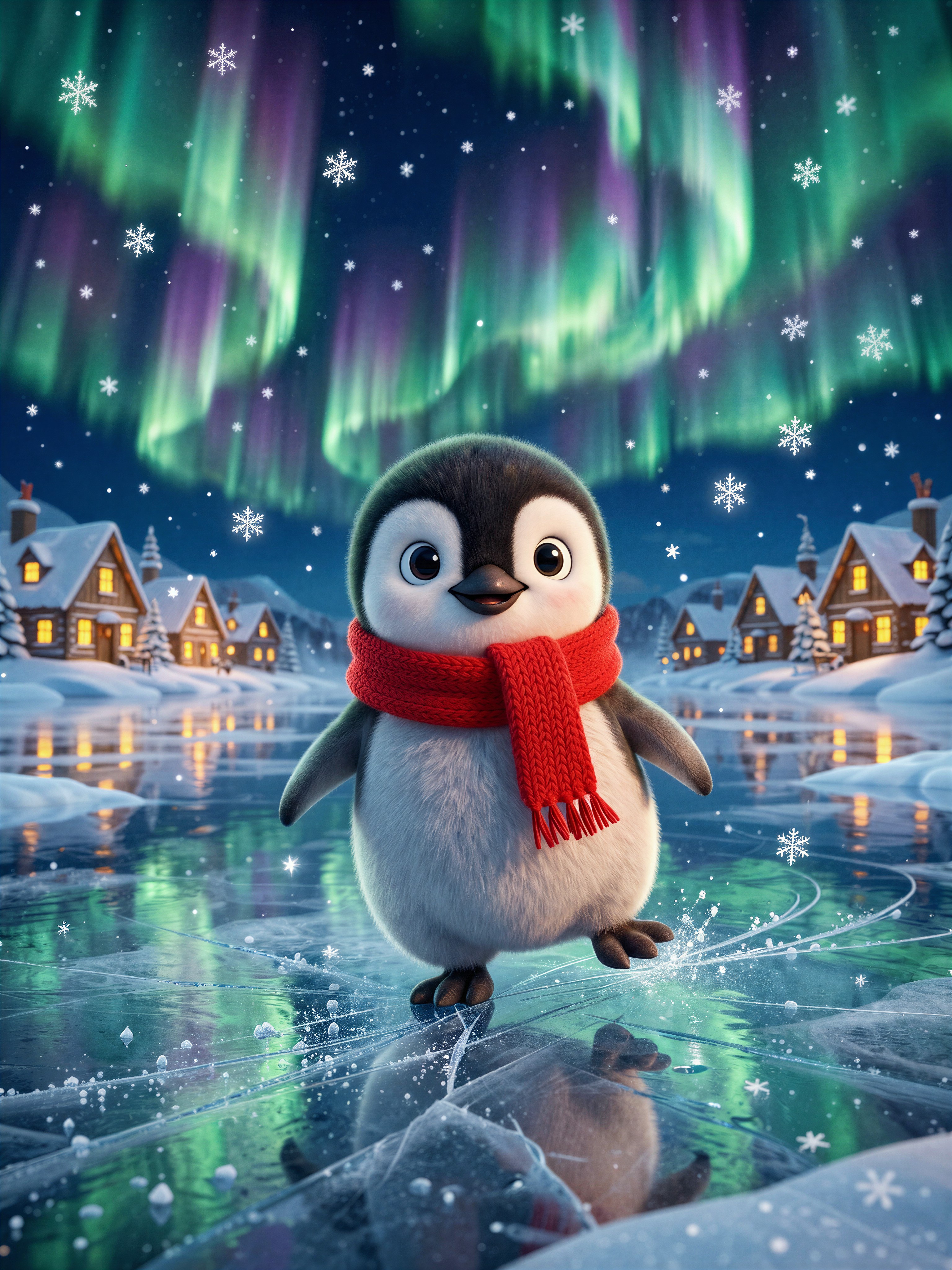 Adorable Baby Penguin Ice Skating Under Northern Lights — AI generated image