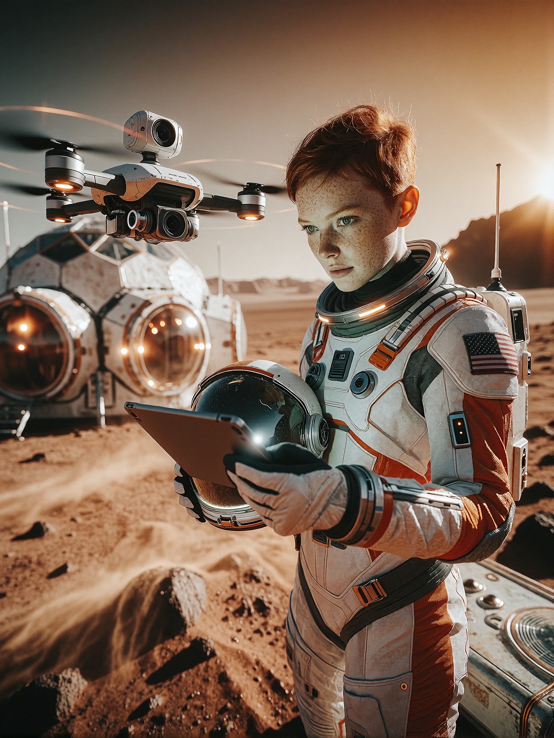 Young Astronaut Controlling Drone On Mars — AI generated image