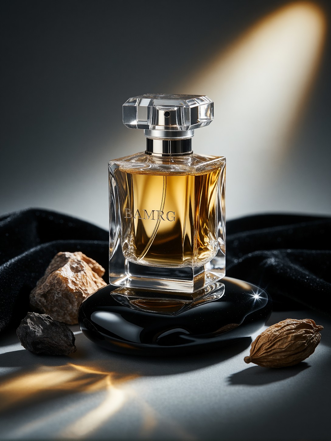 Golden Amber Perfume Bottle on Obsidian — AI generated image