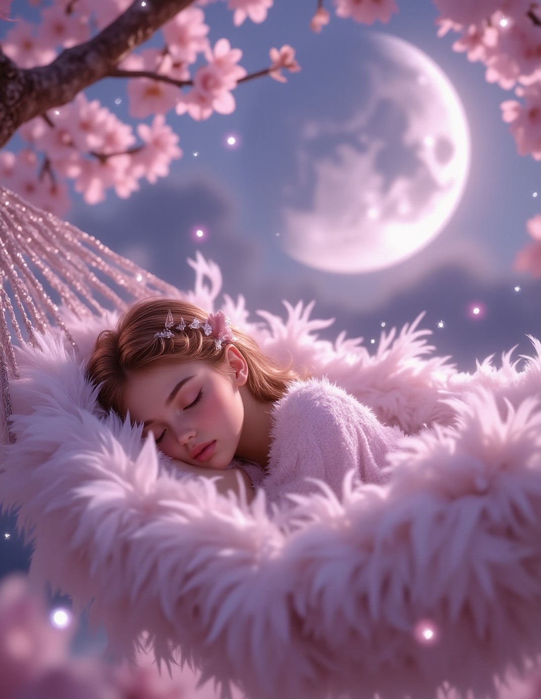 Dreamy Girl in Feather Hammock — AI generated image