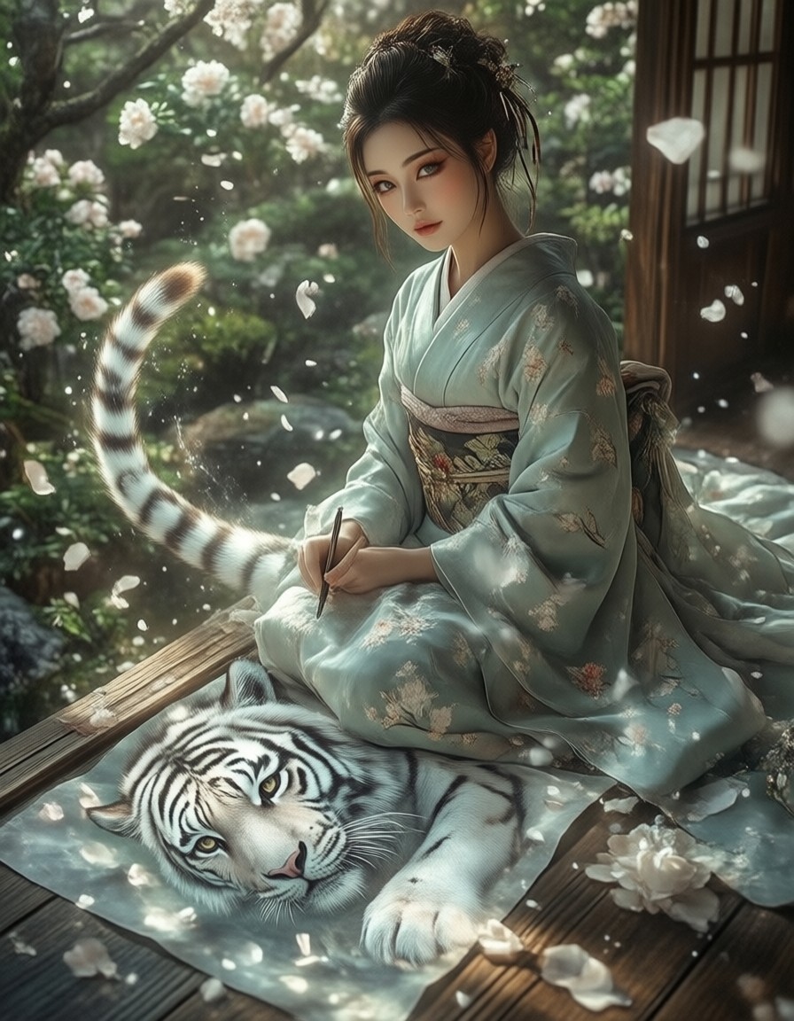 Graceful Noblewoman Painting Tiger in Zen Garden — AI generated image
