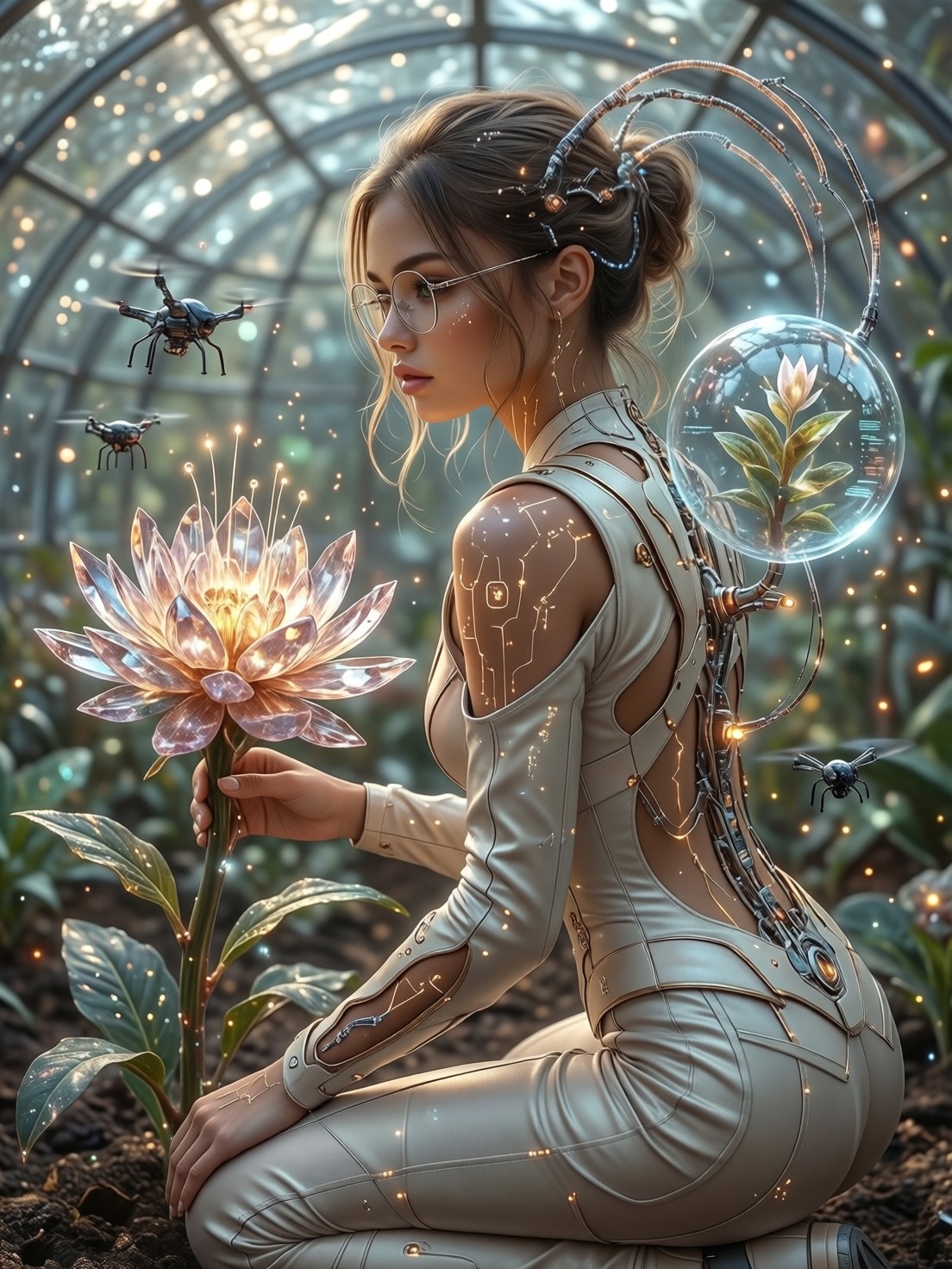 Cyborg Botanist in Luminous Biodome — AI generated image