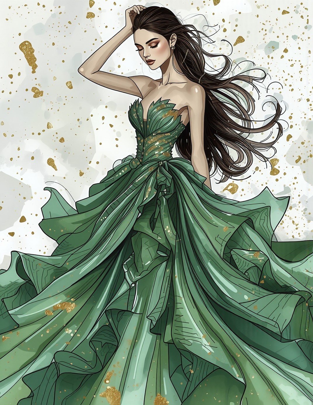 Voluminous Emerald Dress with Watercolor and Gold — AI generated image