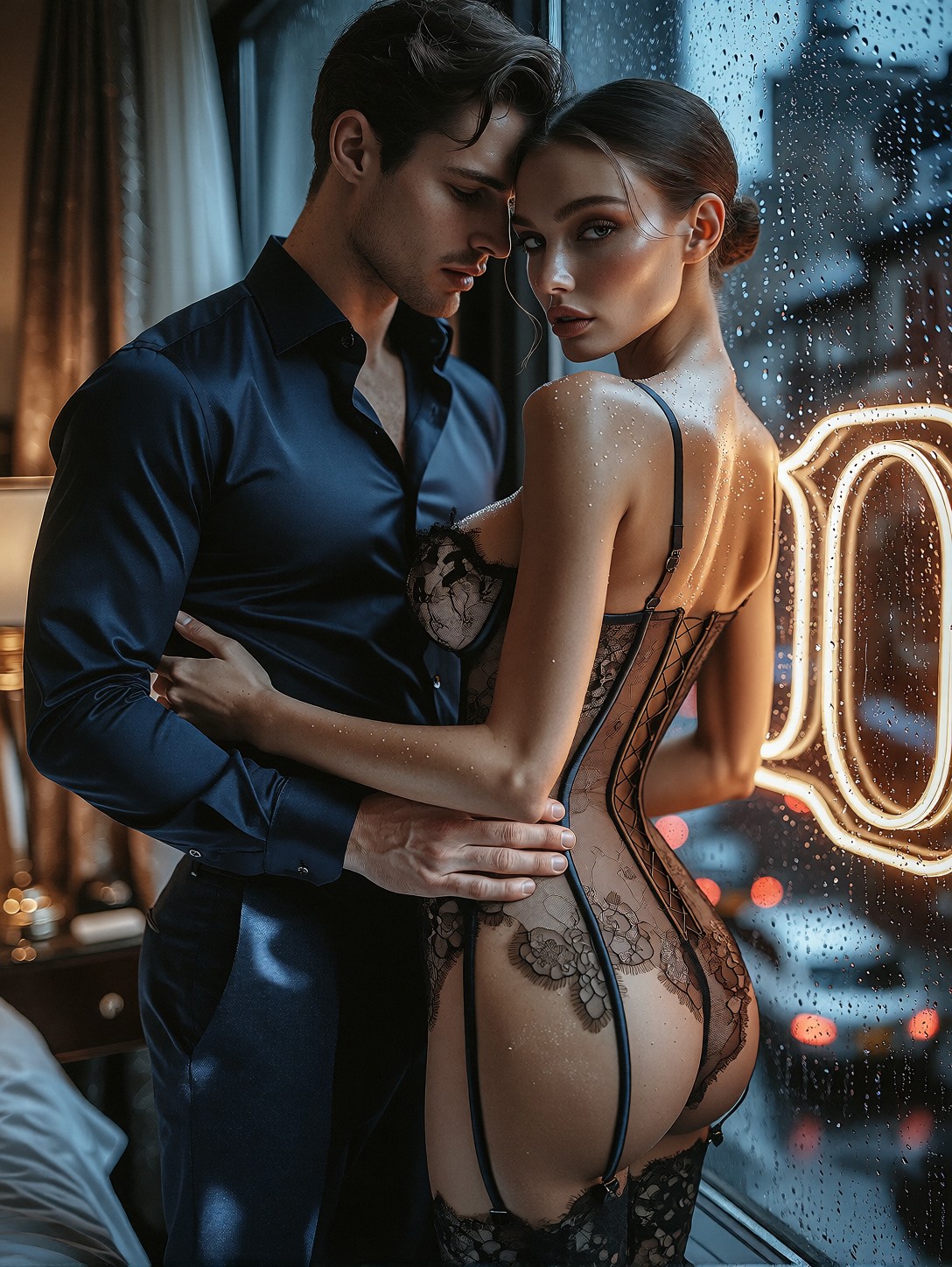 Sultry Couple By Rainy City Window — AI generated image