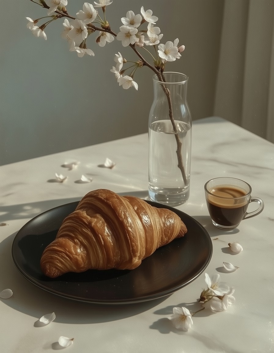 Minimalist Croissant and Blossoms — AI generated image