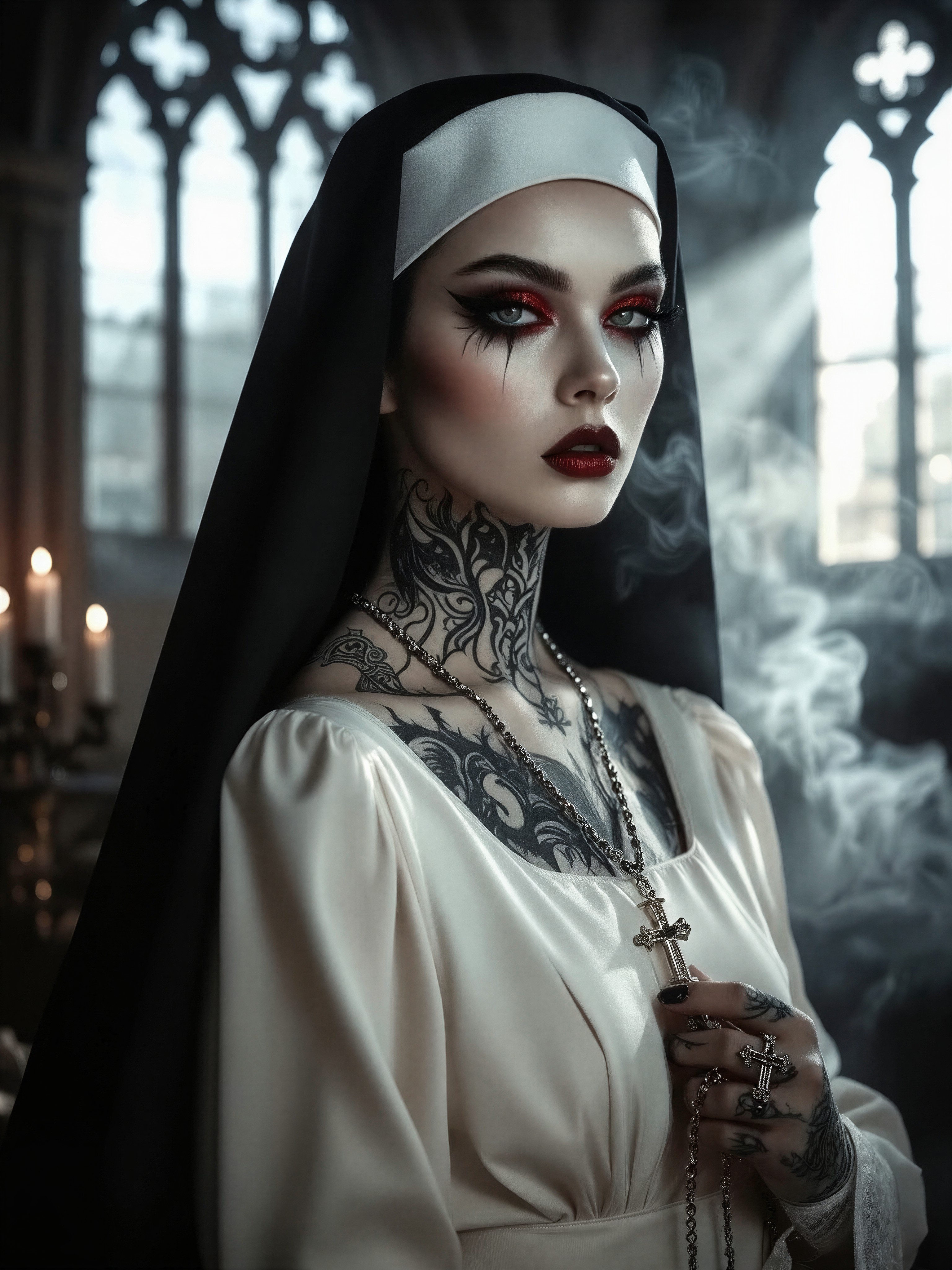 Tattooed Nun in Cathedral Fog — AI generated image
