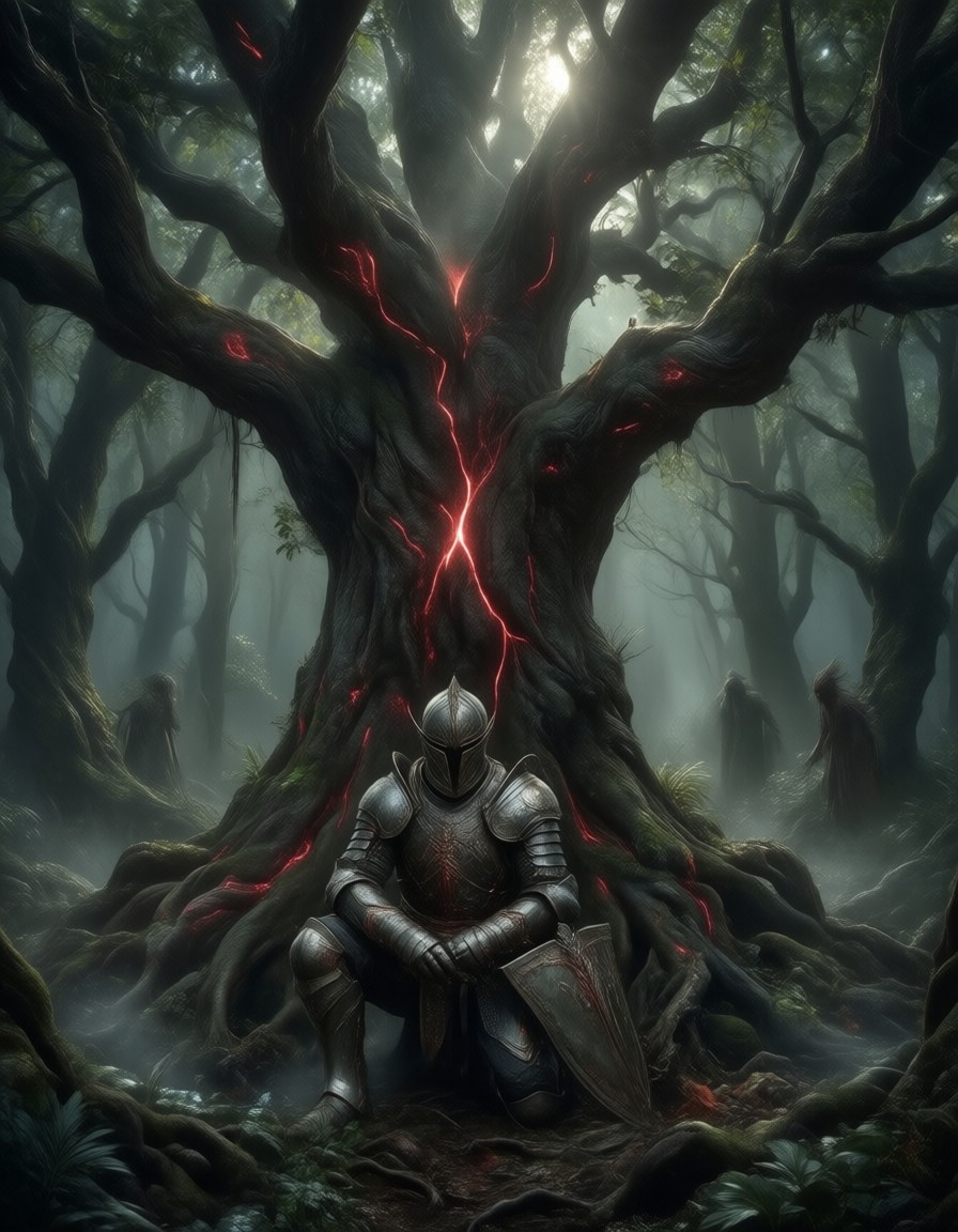 Knight Kneels at Crimson Tree — AI generated image
