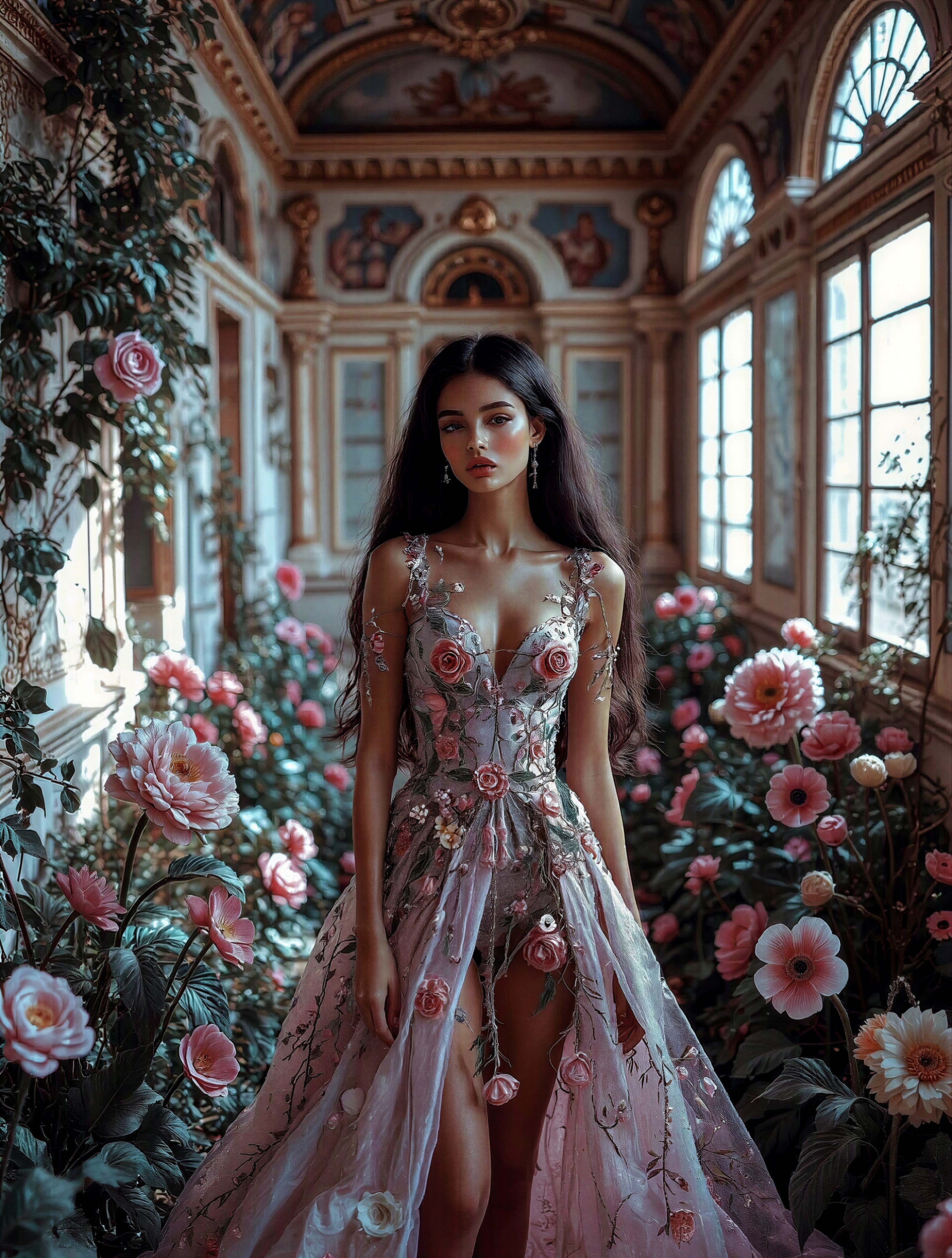 Elegant Woman in Floral Couture Gown Amidst Enchanted Palace Garden — AI generated image