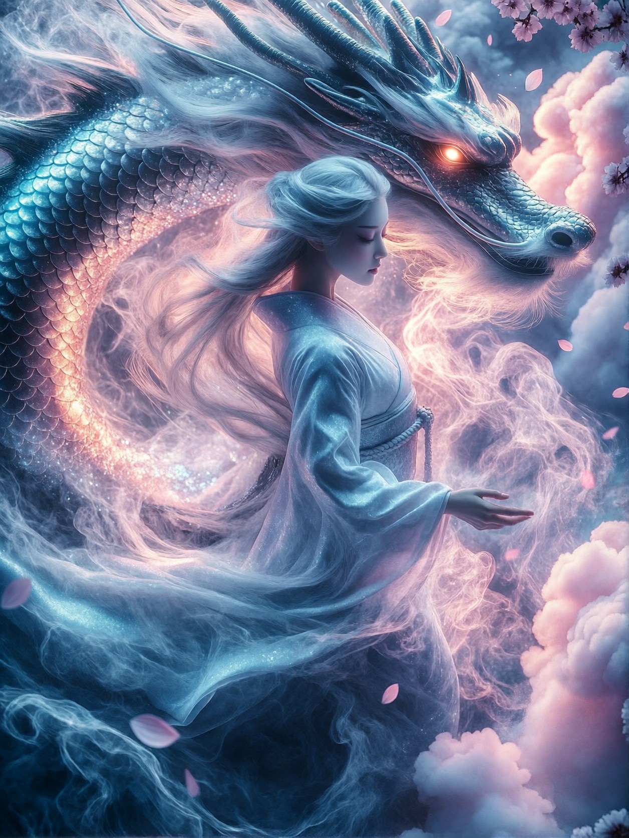 Japanese Goddess in Celestial Cherry Blossom Realm — AI generated image