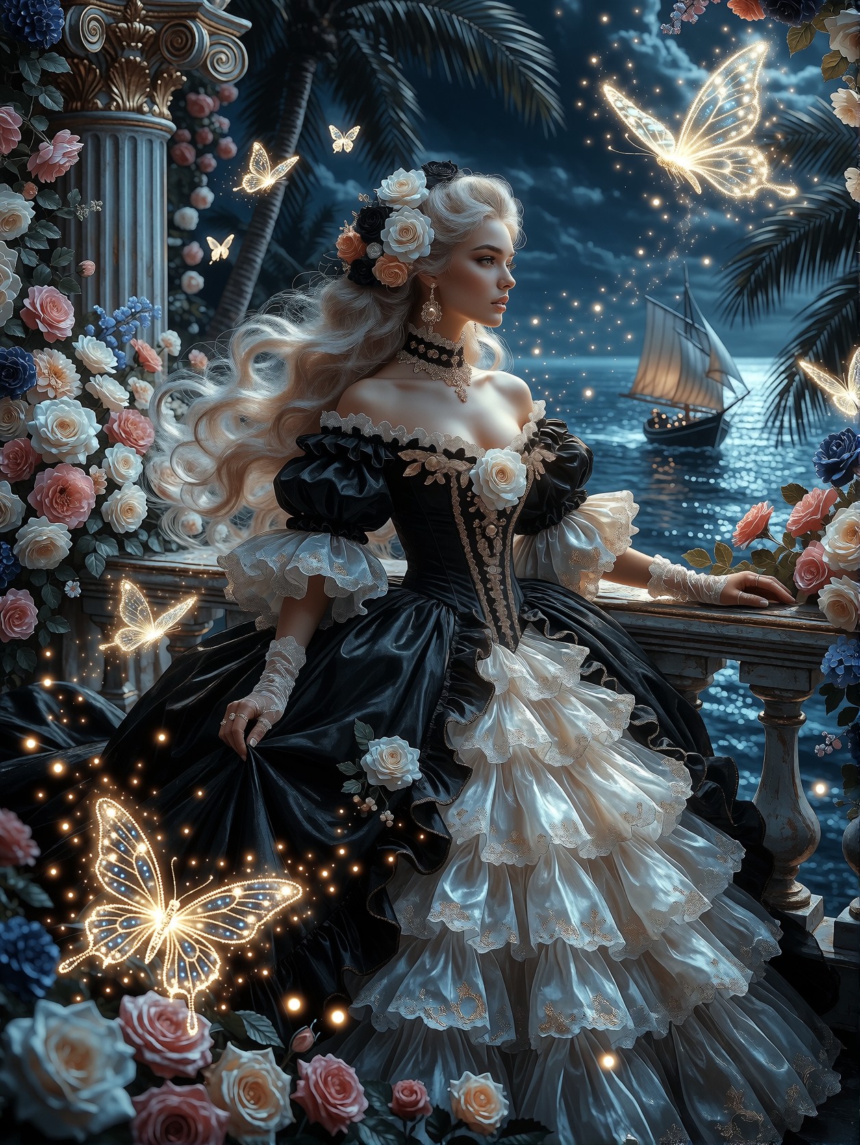 Elegant Girl on Ornate Balcony Surrounded by Magic — AI generated image