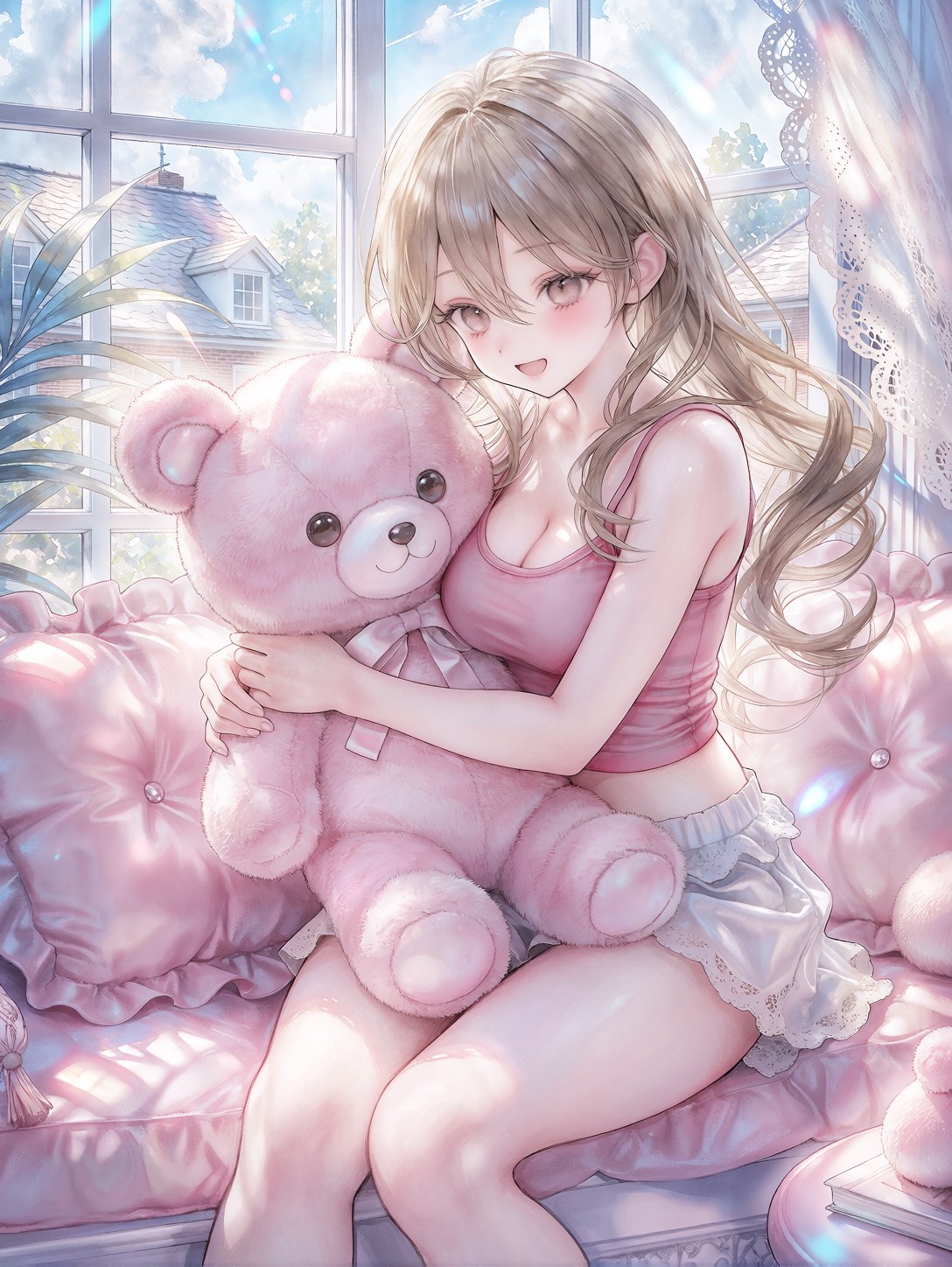 Serene Anime Girl With Giant Pink Bear — AI generated image