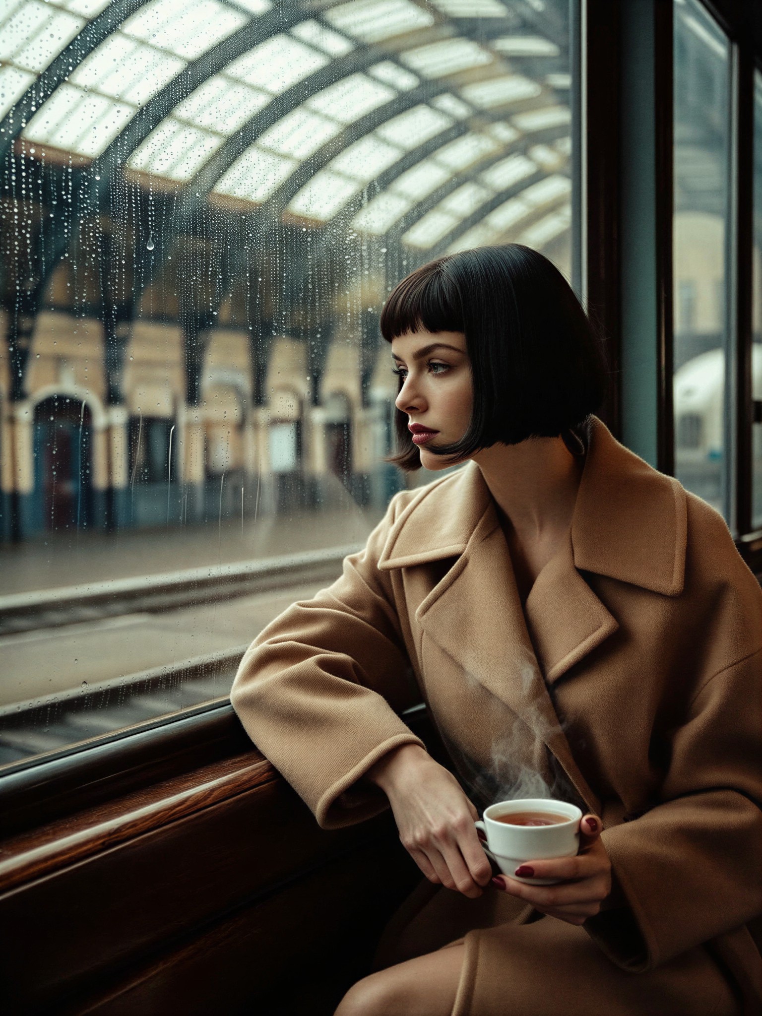 Melancholic Woman at Steamy Train Station — AI generated image