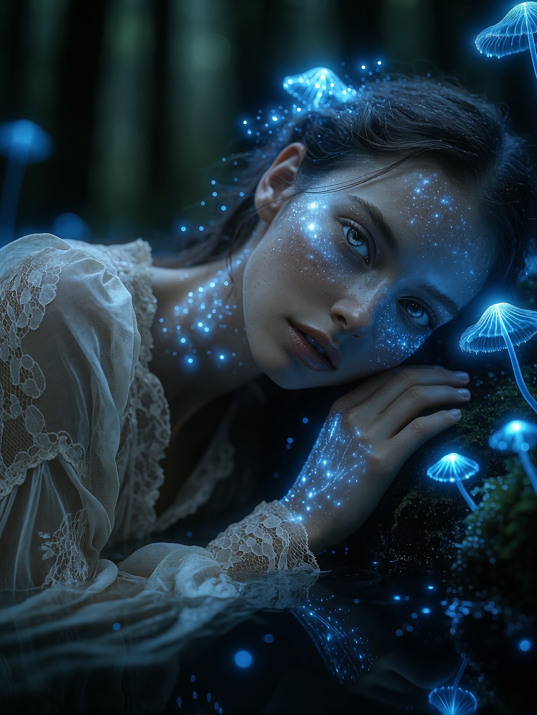 Bioluminescent Woman in Ethereal Night Pond — AI generated image