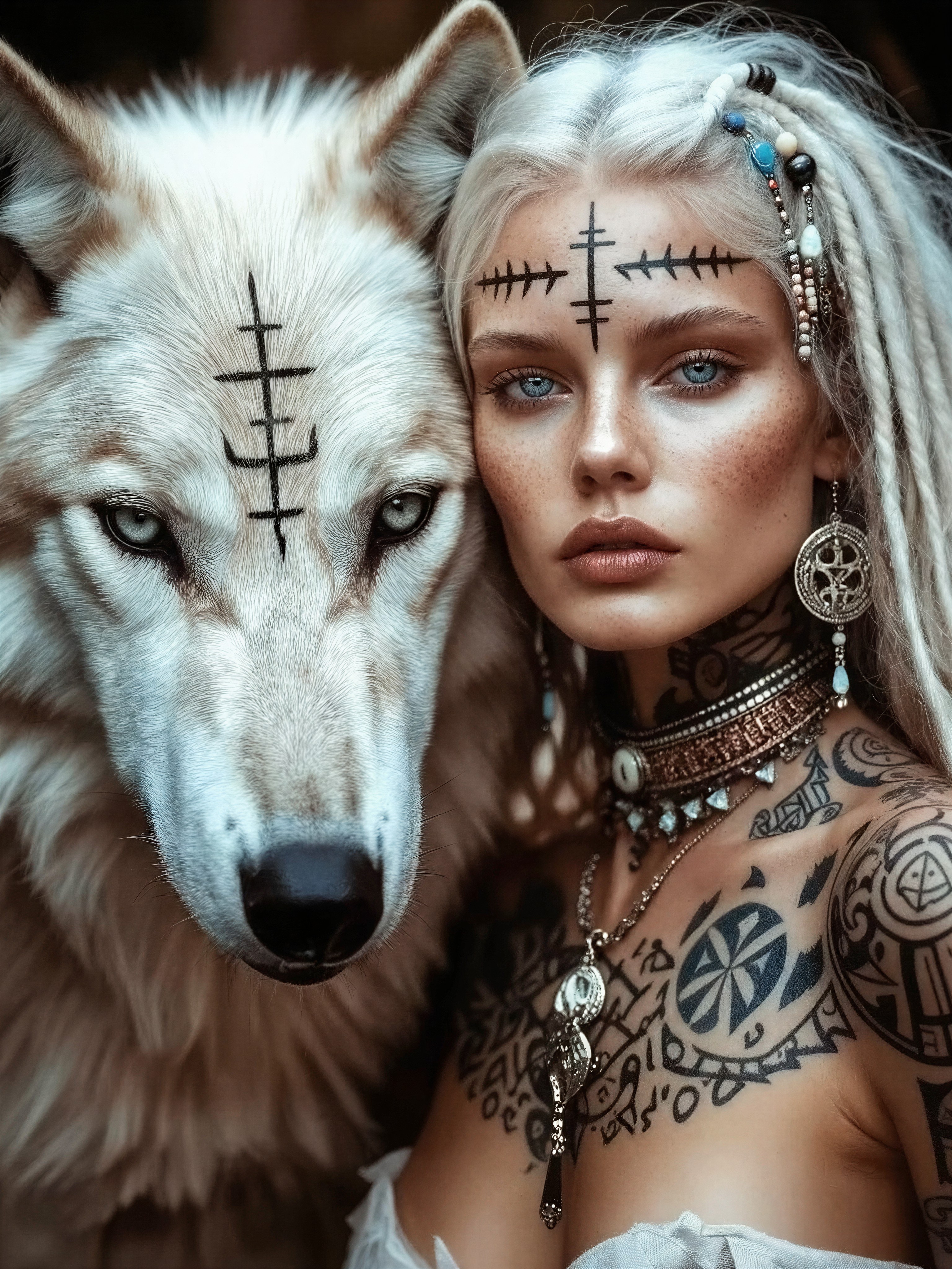 Mystical Nordic Woman with White Wolf — AI generated image